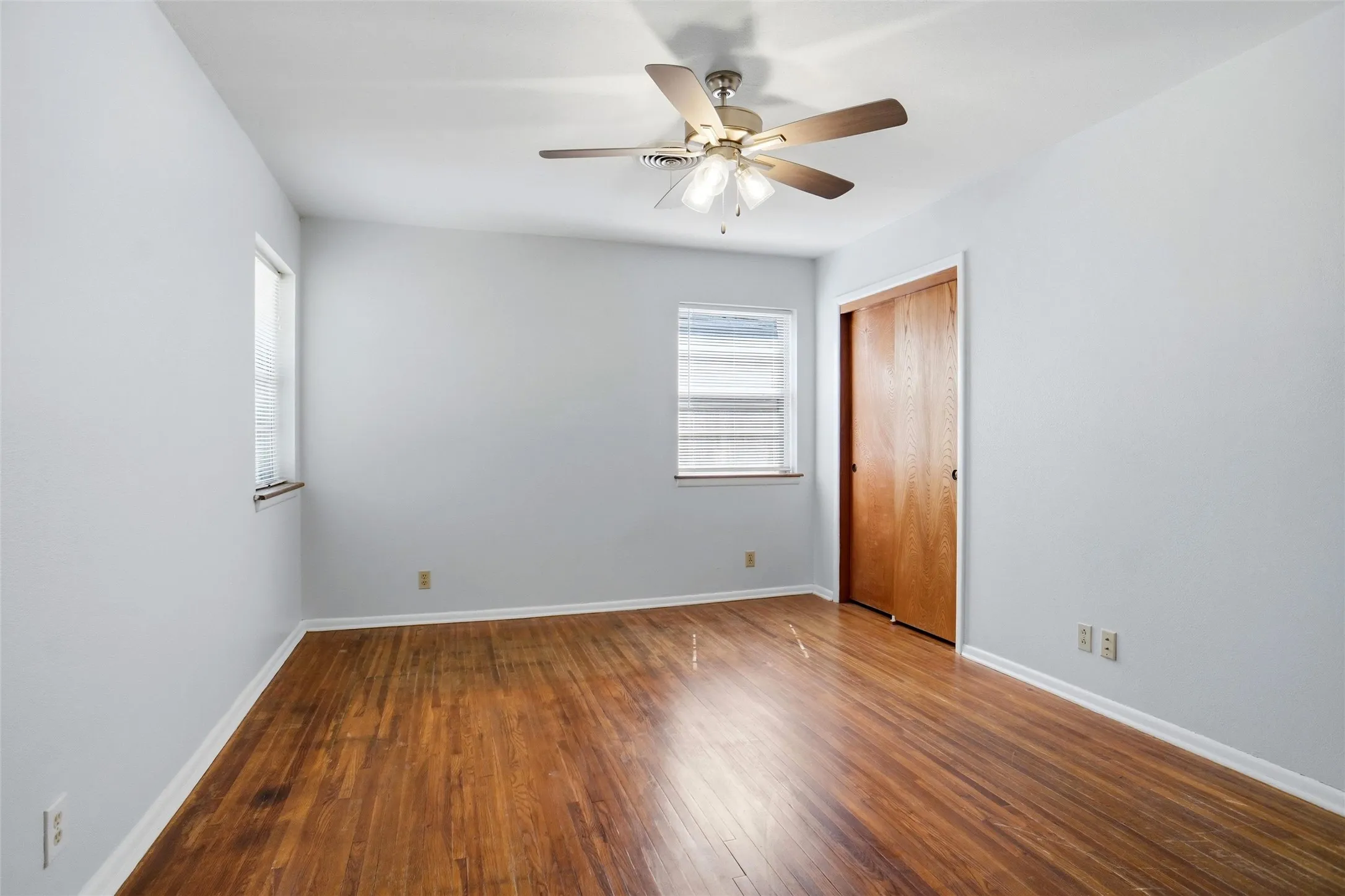 Original Hardwood Floors & new brush nickel & weathered grey Ceiling Fan