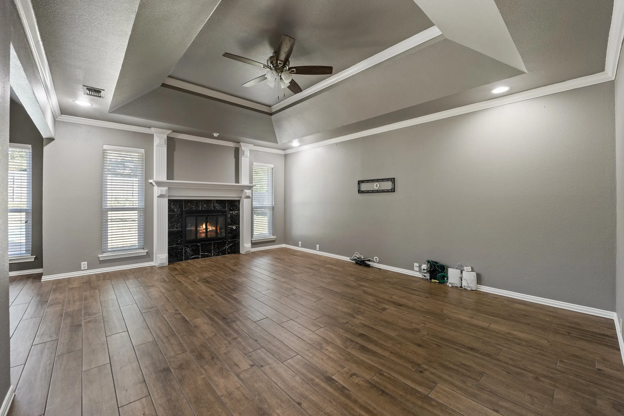 Large living room with gas fireplace.