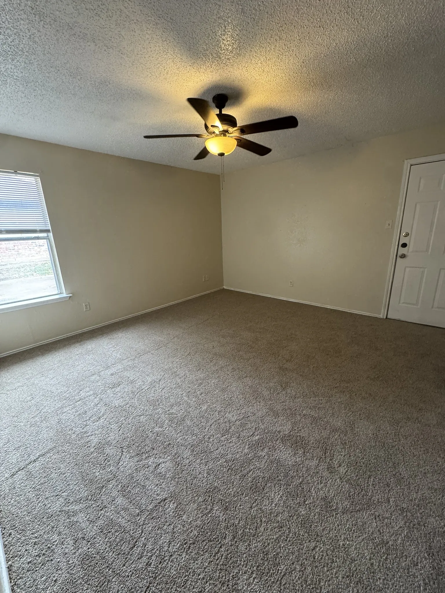 Carpeted living area with a ceiling fan light fixture, white interior door, and window with blinds