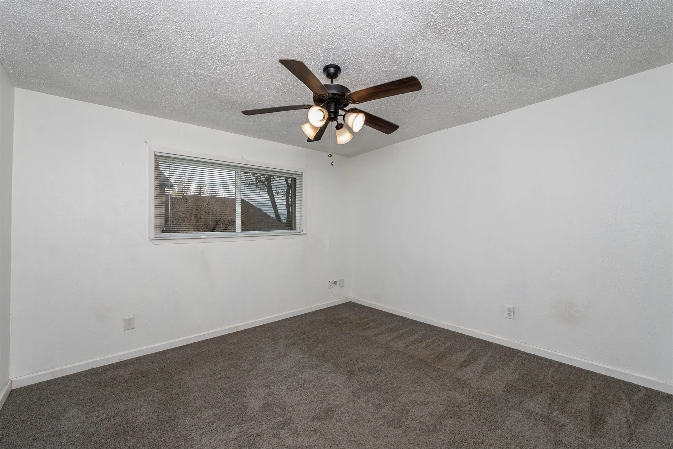 Recessed window with blinds, ceiling fan with integrated lighting, and carpeted flooring