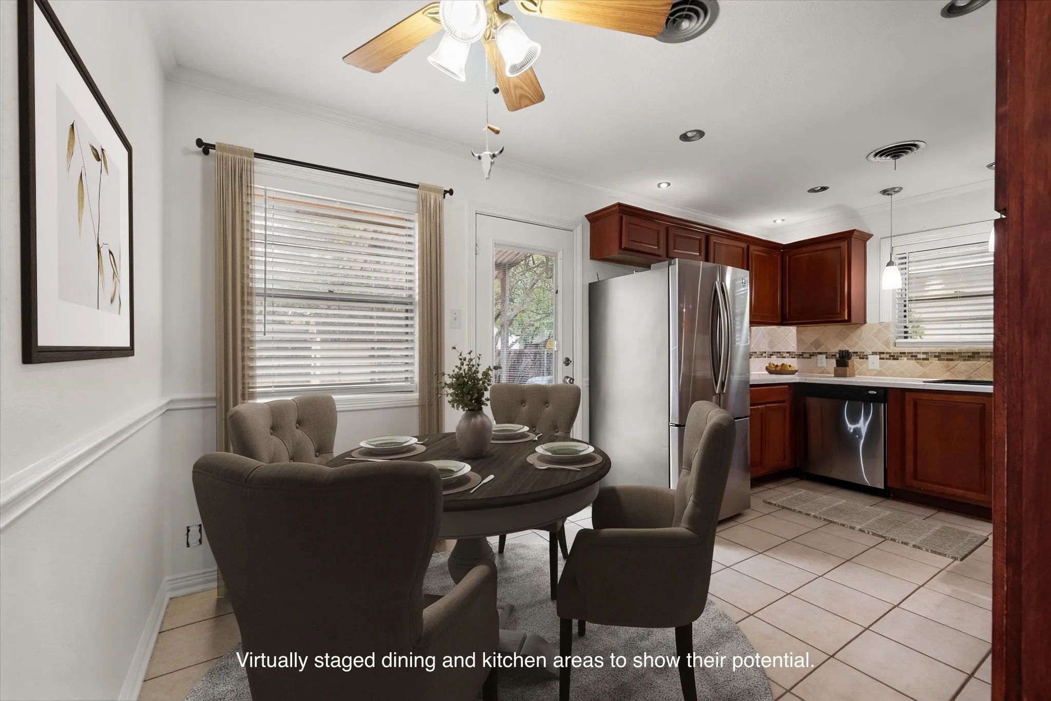 Kitchen featuring wood-finish cabinetry, stainless steel appliances, tiled backsplash, and recessed lighting