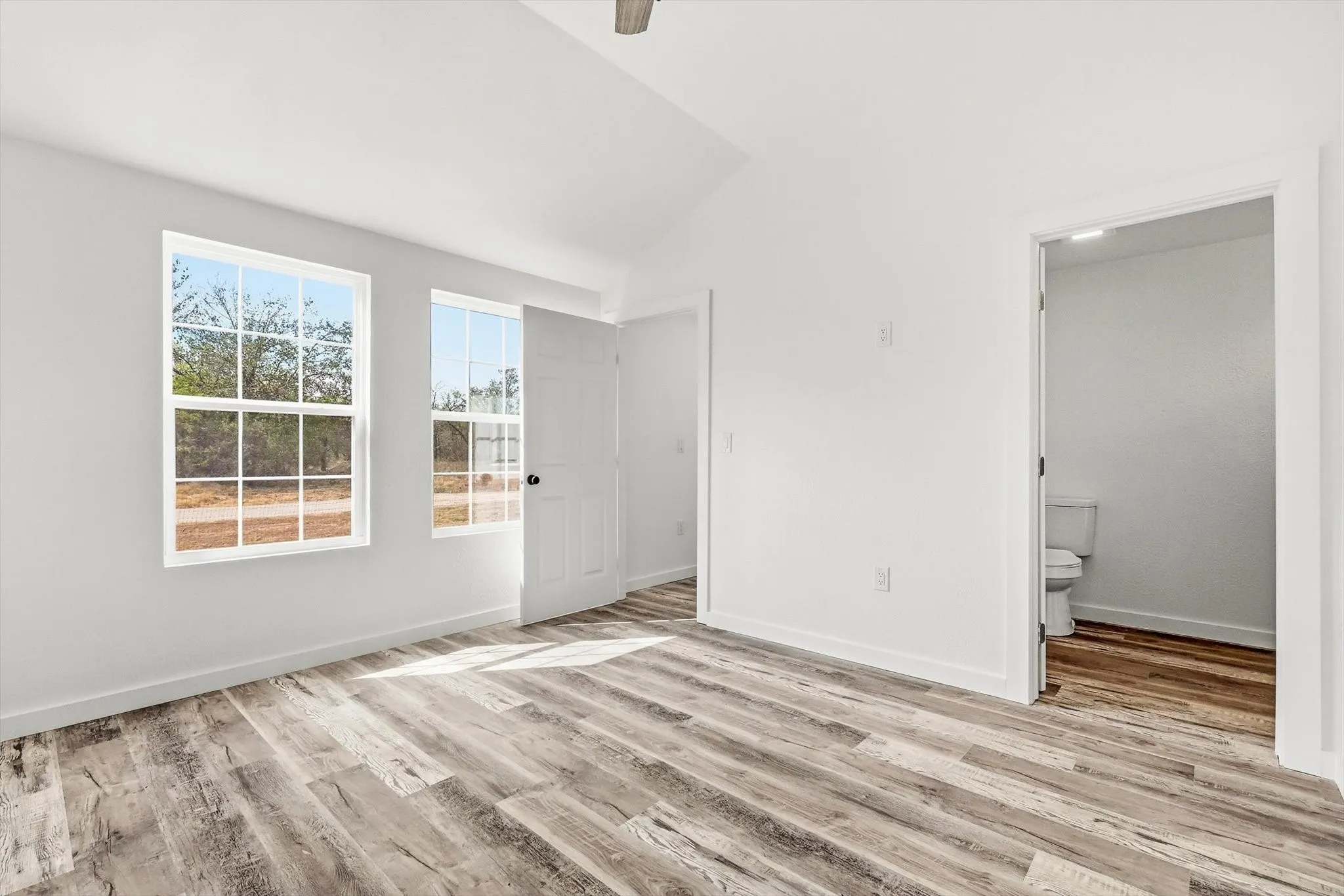 Vaulted ceiling, wood-finish flooring, white trim, dual windows, and an interior door