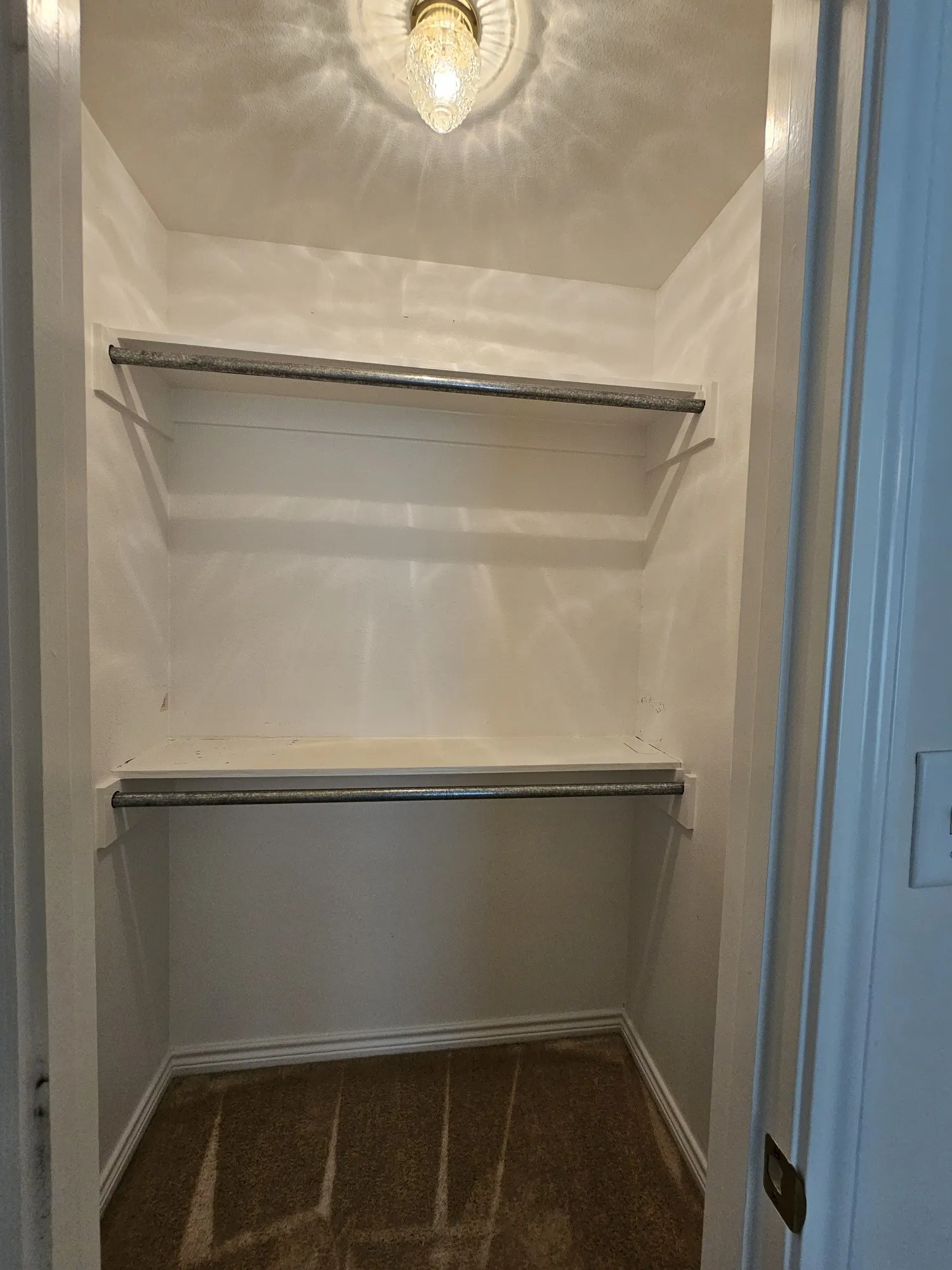 Built-in closet shelving, dual hanging rods, overhead lighting fixture, and carpet flooring