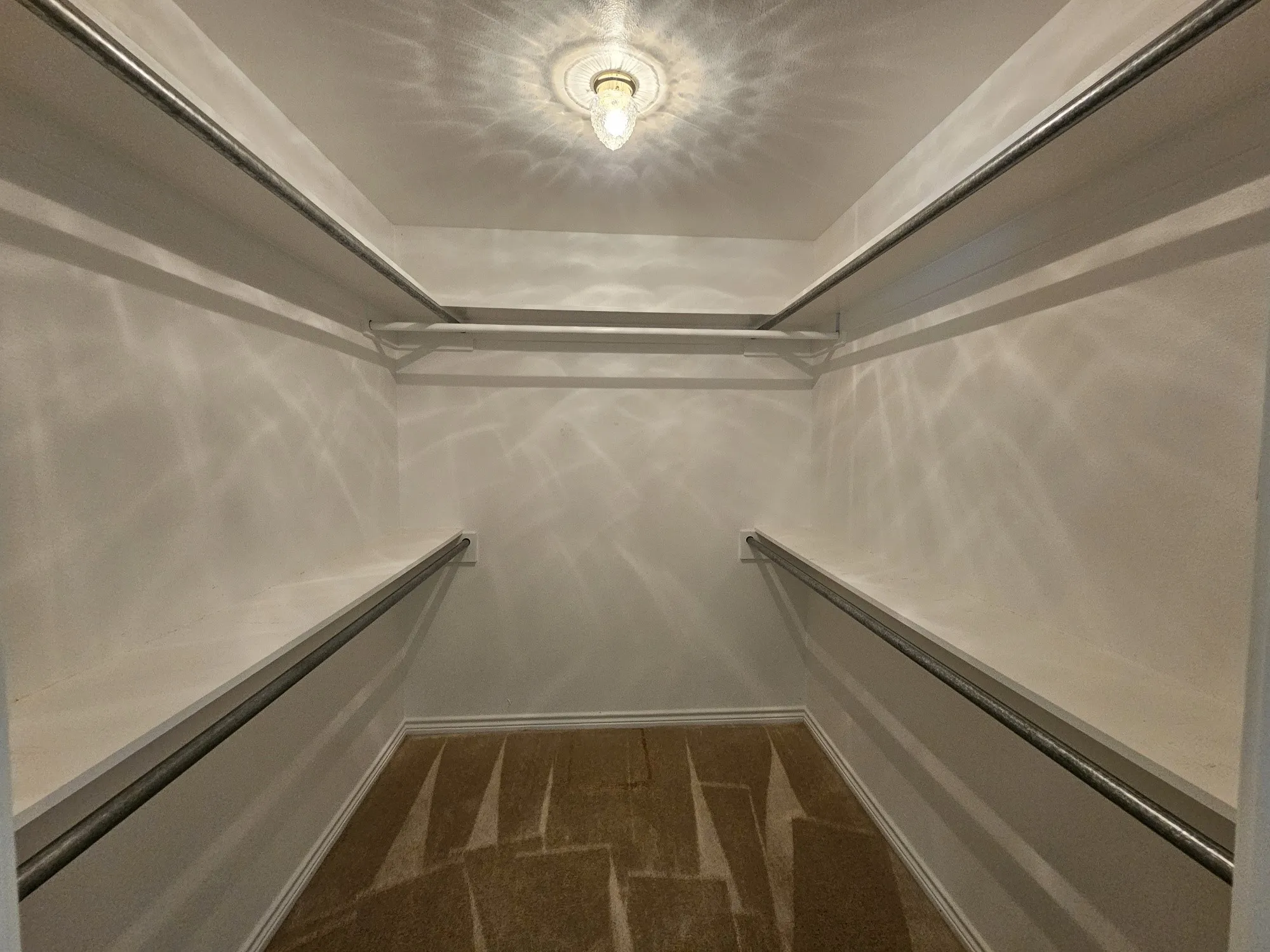Walk-in closet with carpet flooring, multiple shelving units, and integrated hanging rods