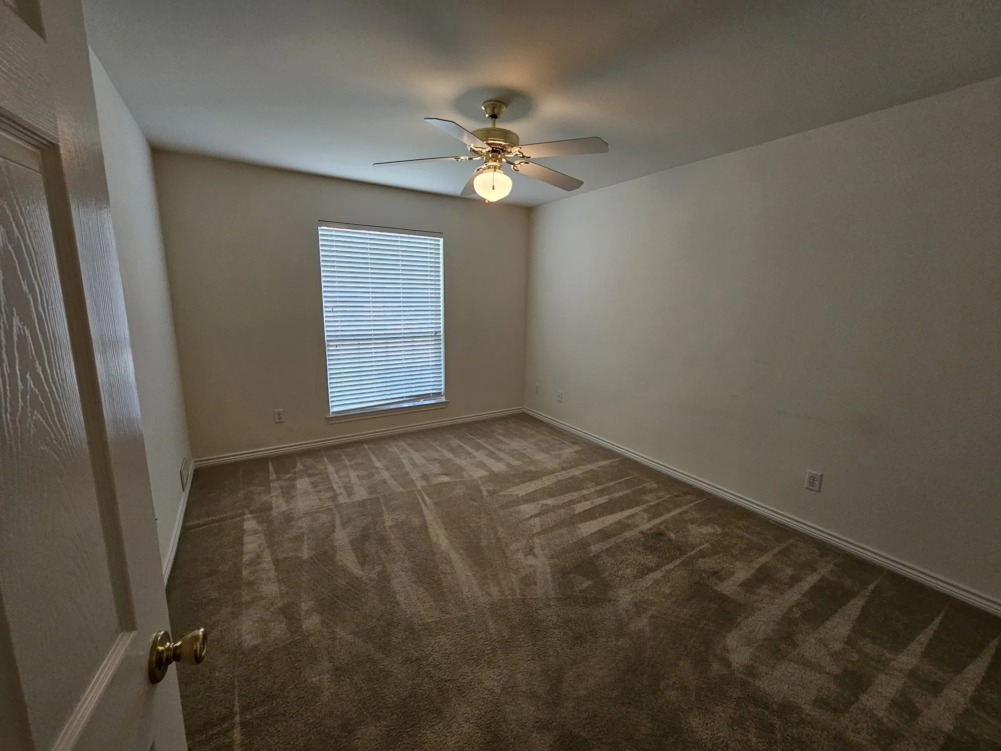Neutral-toned walls complement the carpeted flooring