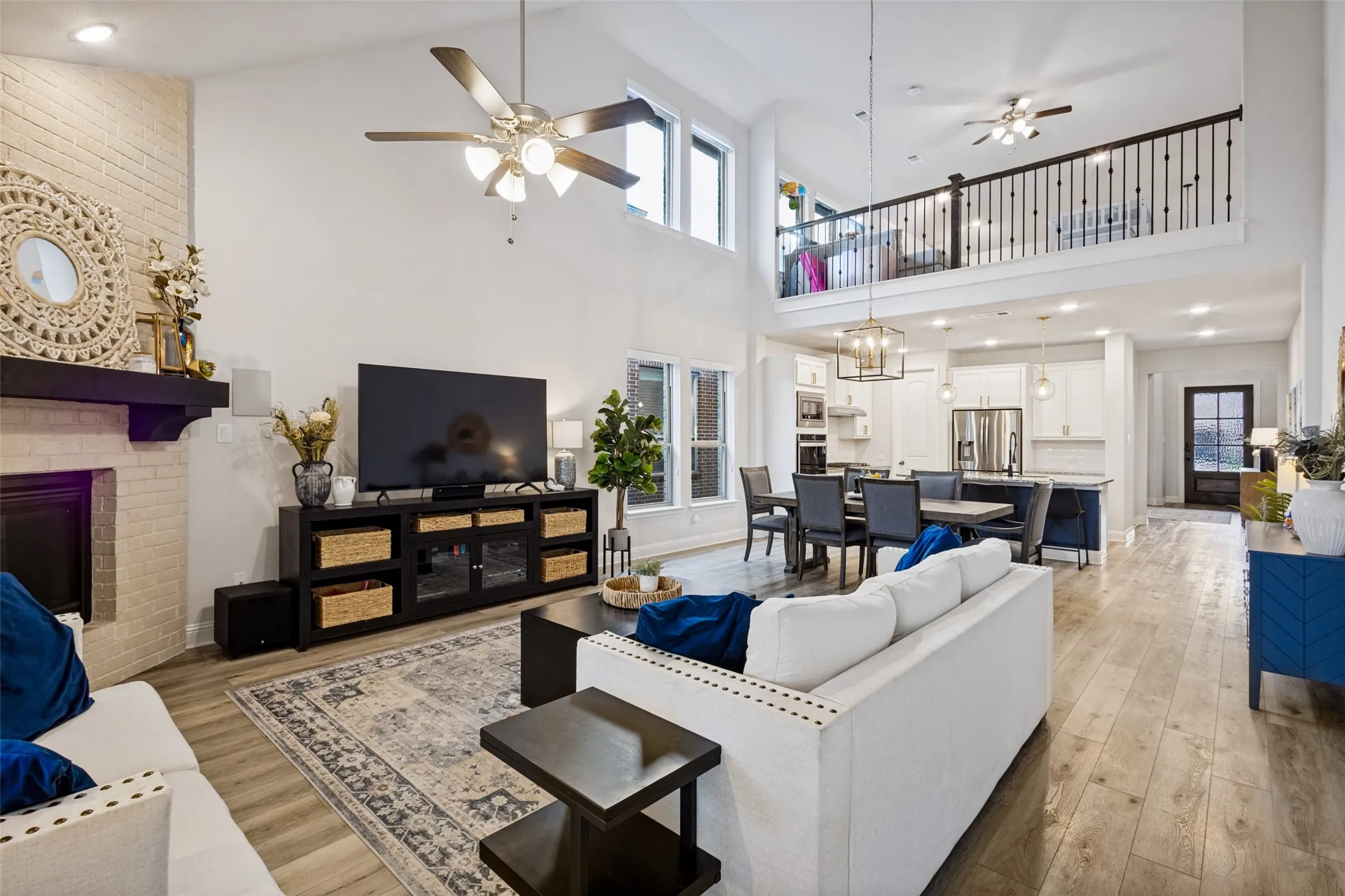 High ceilings with beautiful fireplace