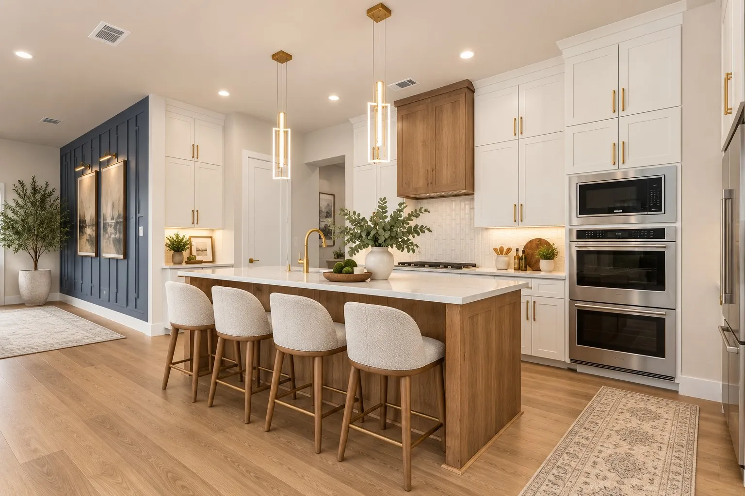 Gourmet kitchen with a center island, integrated stainless steel appliances, white cabinetry, and wood-finish flooring