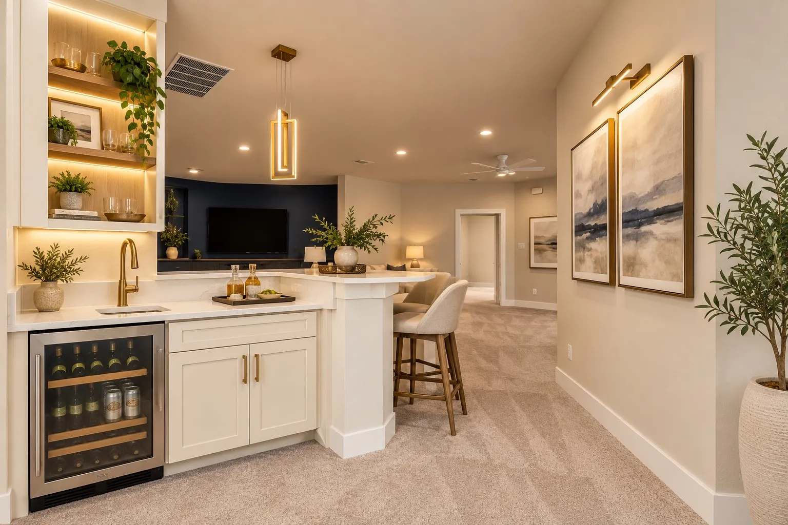 Wet bar with built-in beverage refrigerator, illuminated open shelving, under-cabinet storage, and a brass-finish faucet
