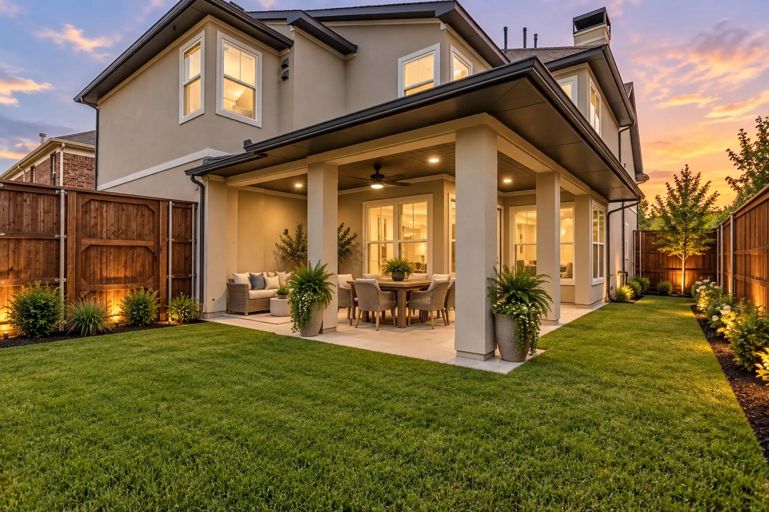 Expansive covered patio with recessed lighting and ceiling fan