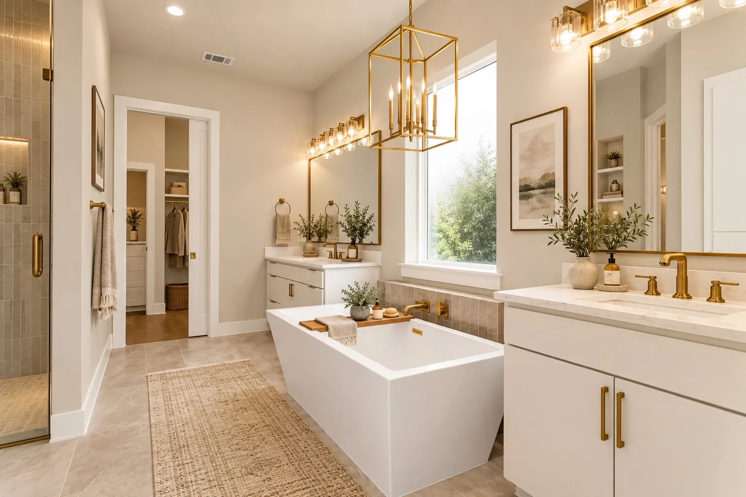 Freestanding soaking tub with gold-tone fixtures, dual vanity with undermount sinks, separate glass-enclosed shower with vertical tile, gold-tone chandelier, and large window