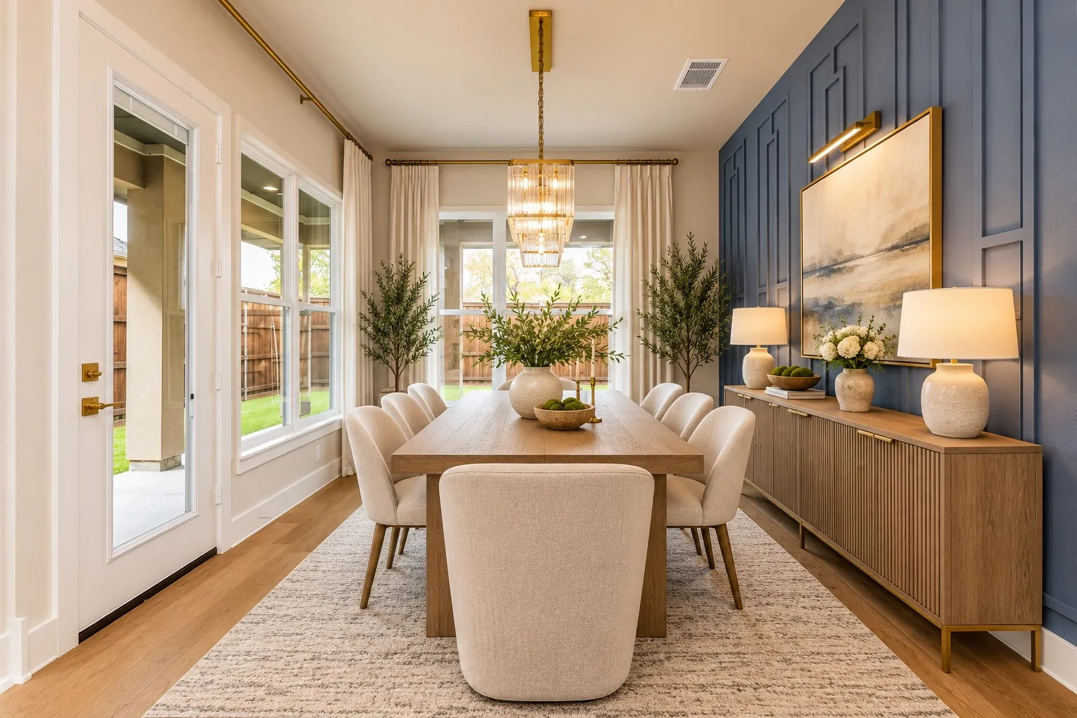 Wood-finish flooring, accent wall with paneling, built-in cabinetry, and a tiered chandelier