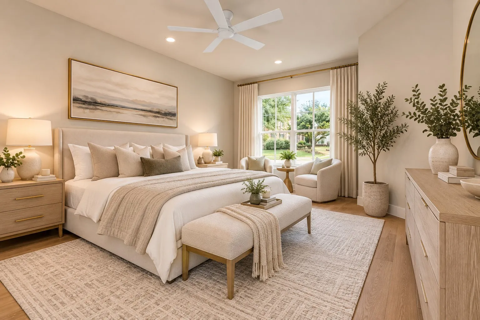 Wood-finish flooring with a large area rug, recessed lighting, and a ceiling fan