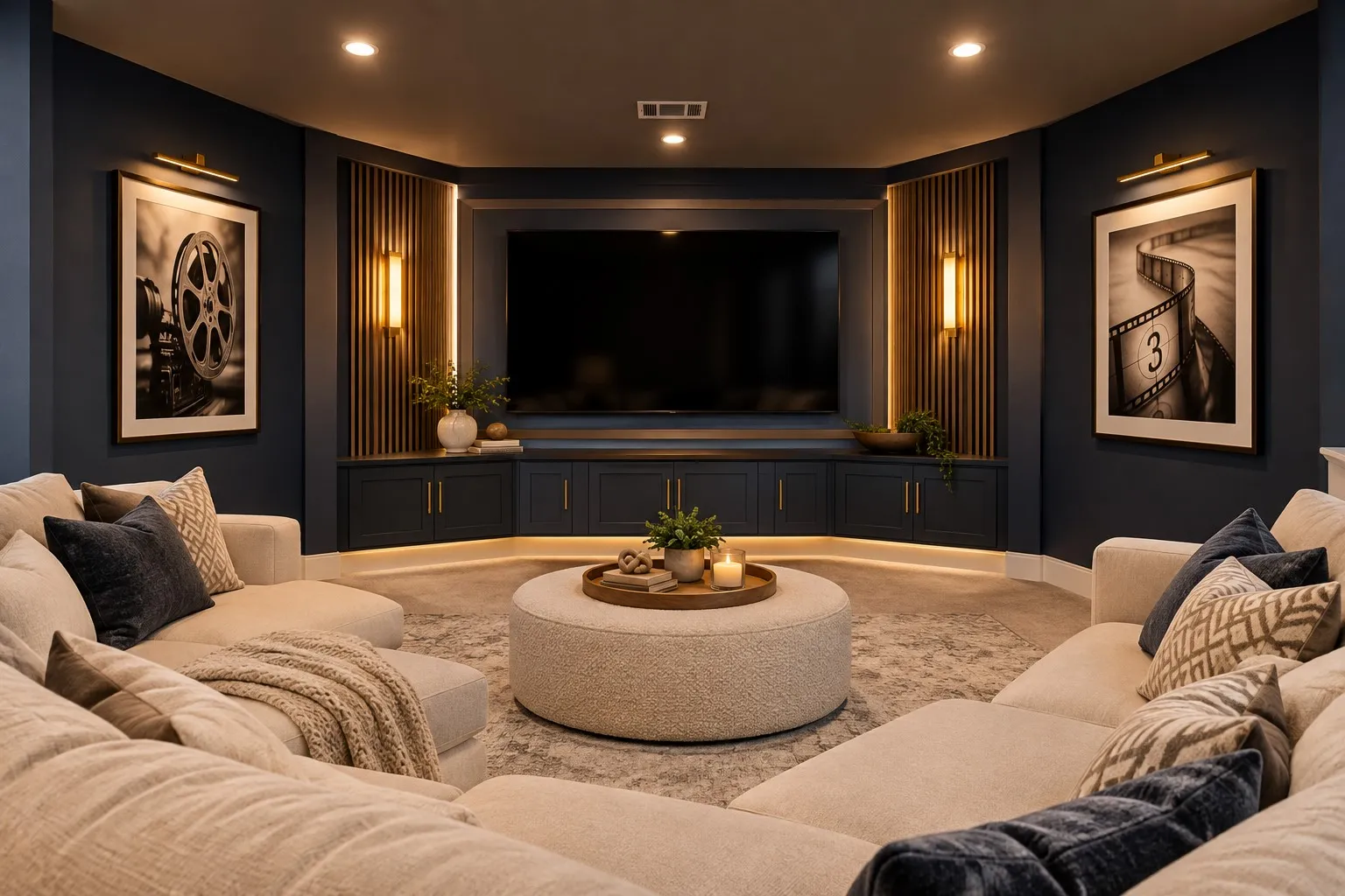 Built-in media console with integrated cabinetry, recessed lighting, and wall-mounted sconces