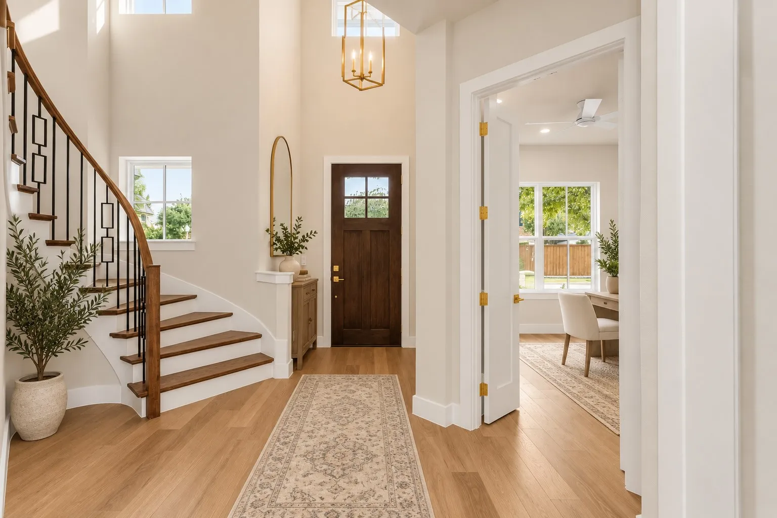 Wood-finish flooring throughout, curved staircase with black metal balusters, and a solid wood entry door