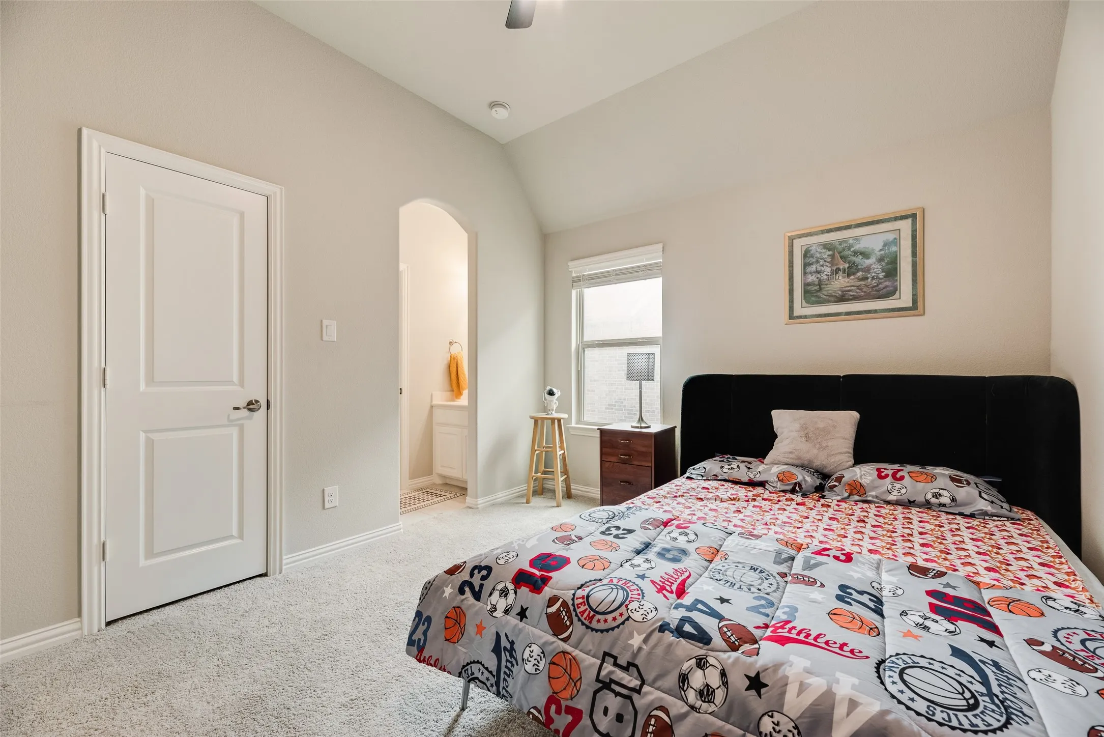 Vaulted ceiling, arched doorway, window with blinds, panel interior door, and light-colored carpeting