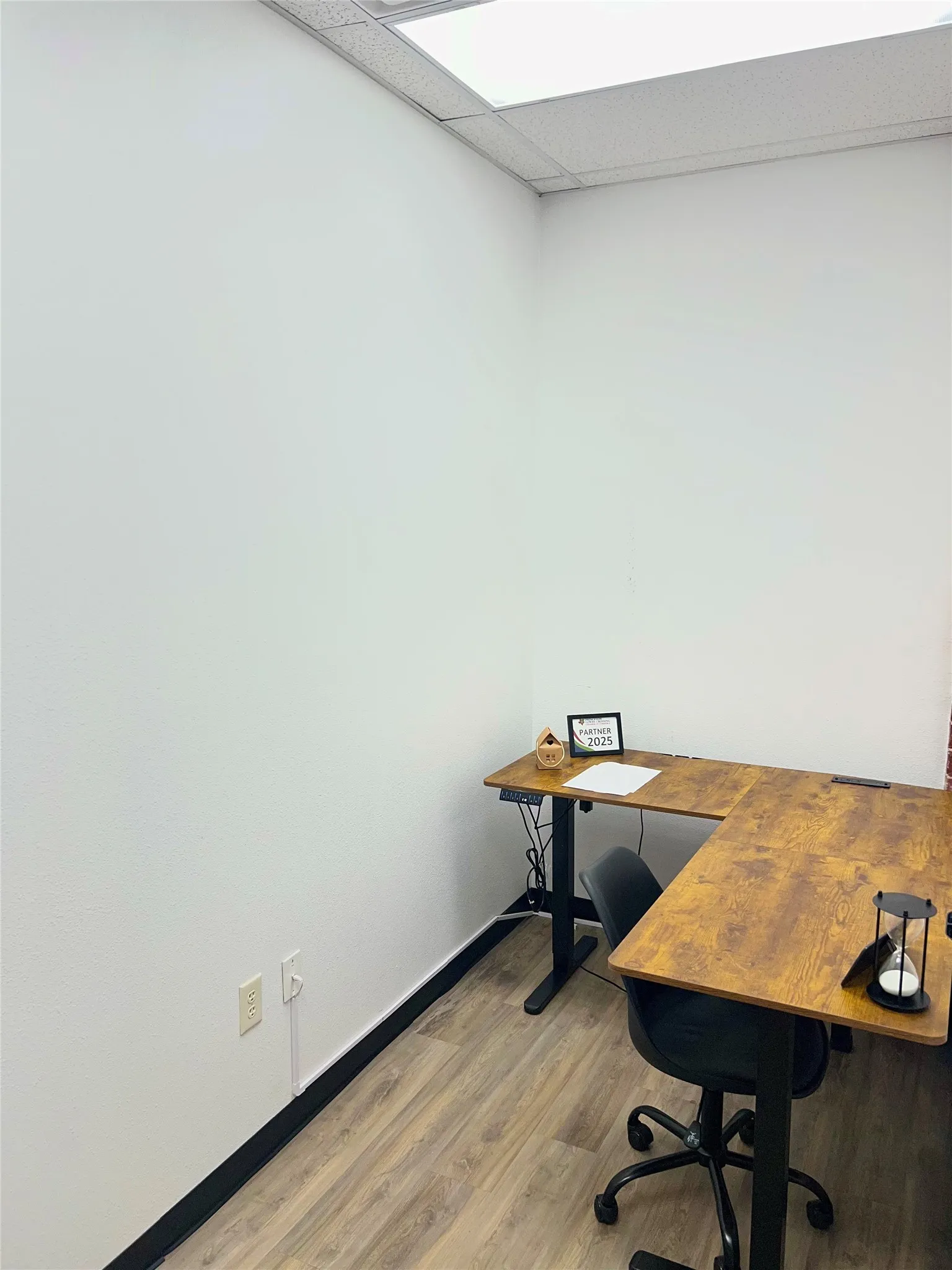 Wood-finish flooring, white walls, and a dropped ceiling with integrated lighting