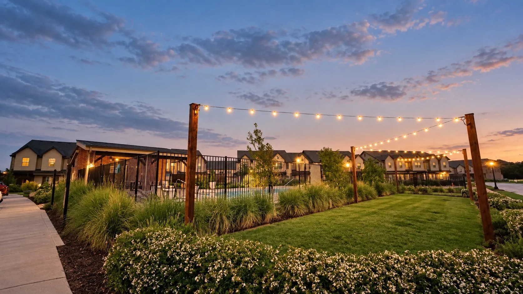 Manicured lawn area with string lighting and planted shrubbery, bordered by a paved walkway and a fenced pool area