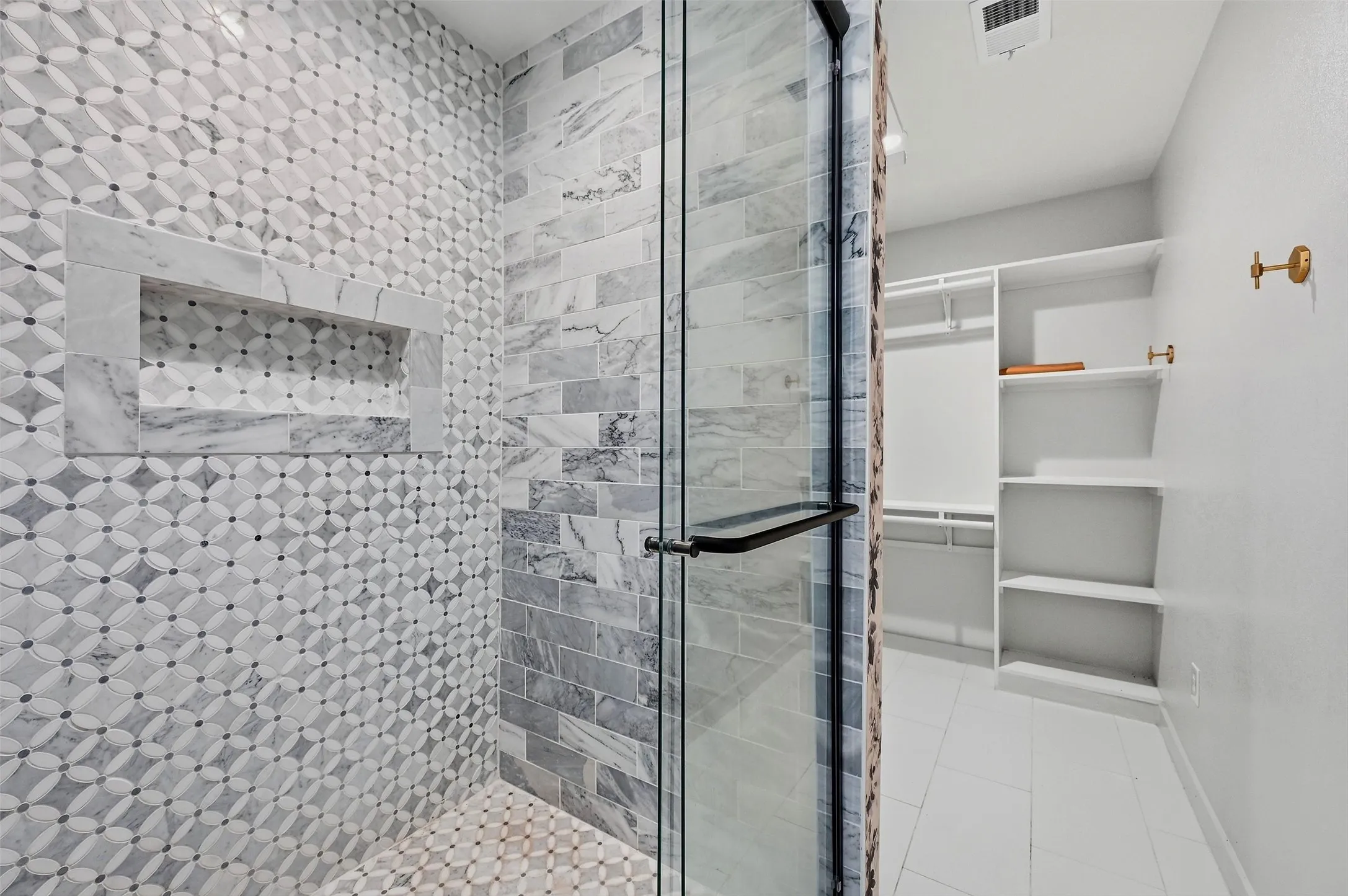 Apartment/guest suite shower and closet space.