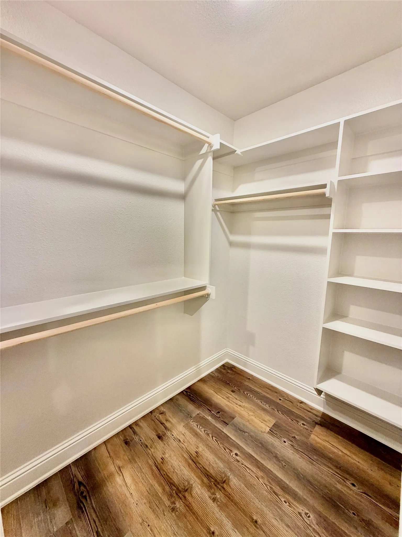 Walk-in closet featuring wood-finish flooring, built-in shelving, and hanging rods