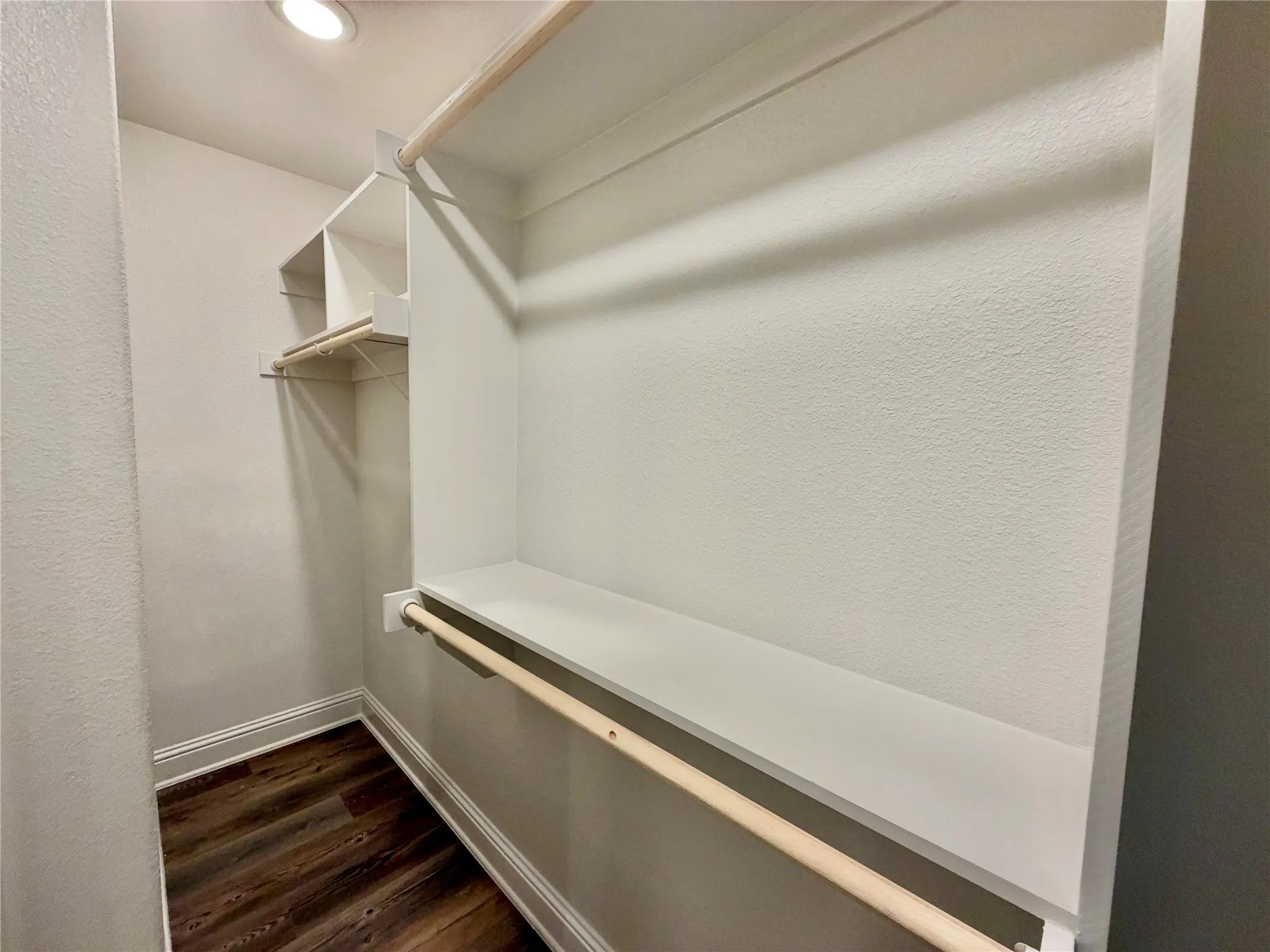 Walk-in closet featuring wood-finish flooring, built-in shelving, and recessed lighting