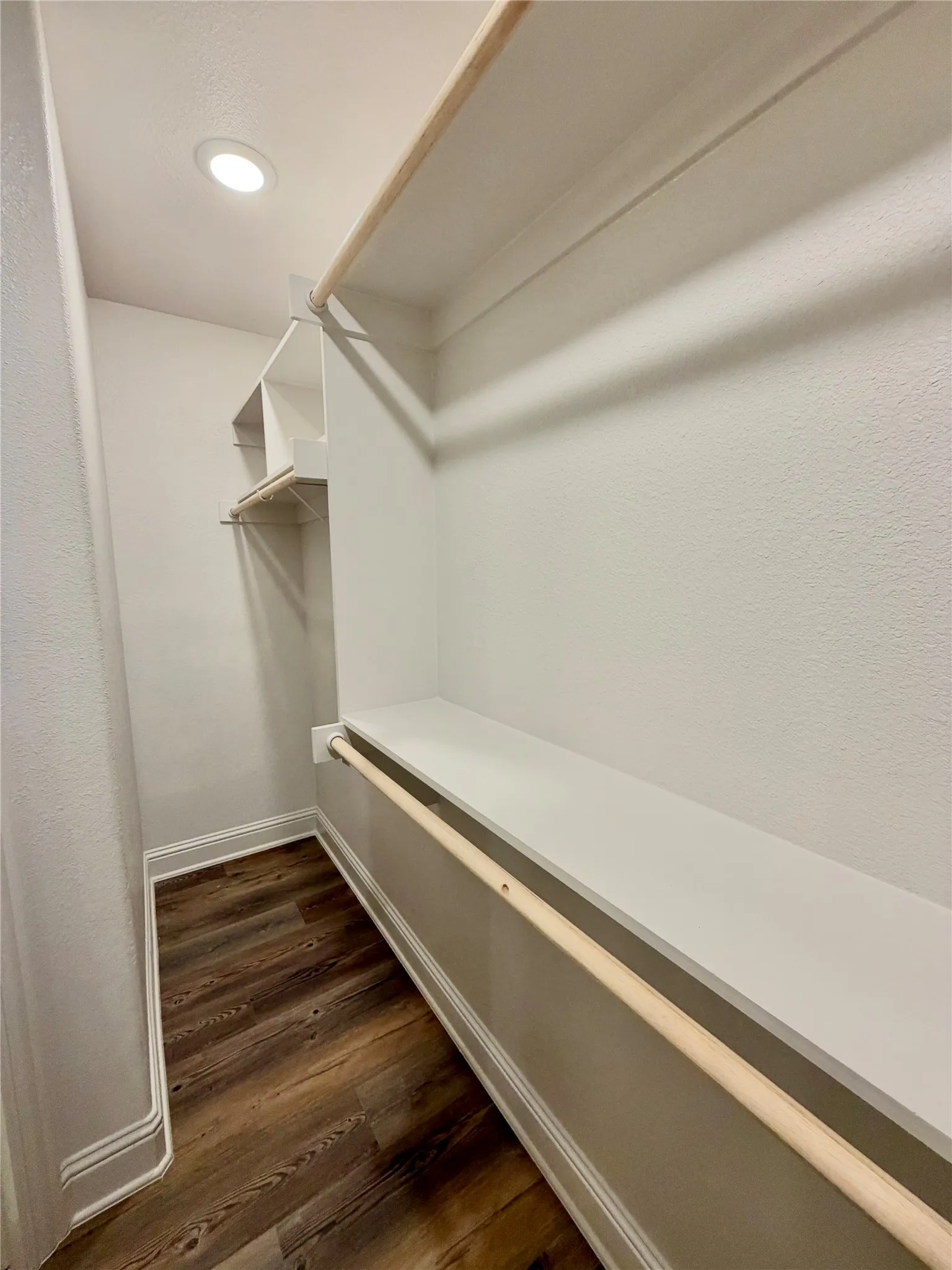 Walk-in closet featuring wood-finish flooring, recessed ceiling lighting, and built-in shelving with hanging rods