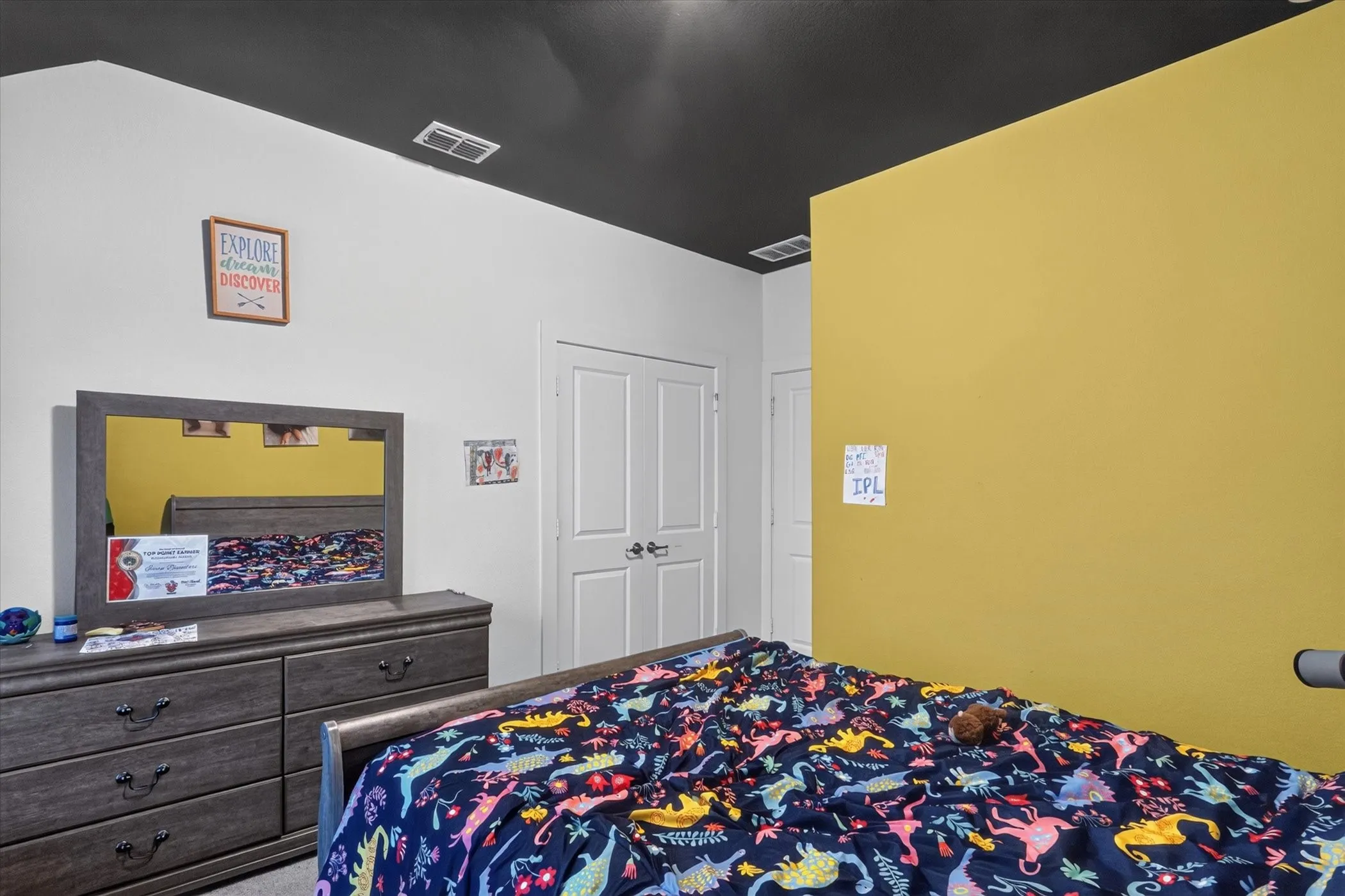 Vaulted ceiling with black finish and white walls