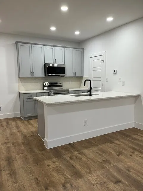 Modern kitchen featuring recessed lighting, wood-finish flooring, a kitchen island with an integrated sink, light-toned cabinetry, and stainless steel appliances