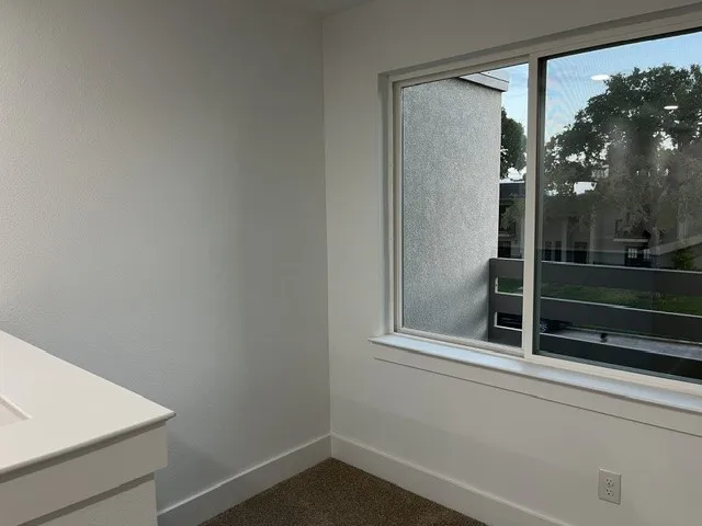 White interior walls, white window trim, dual-pane window, carpeted flooring, and a white electrical outlet