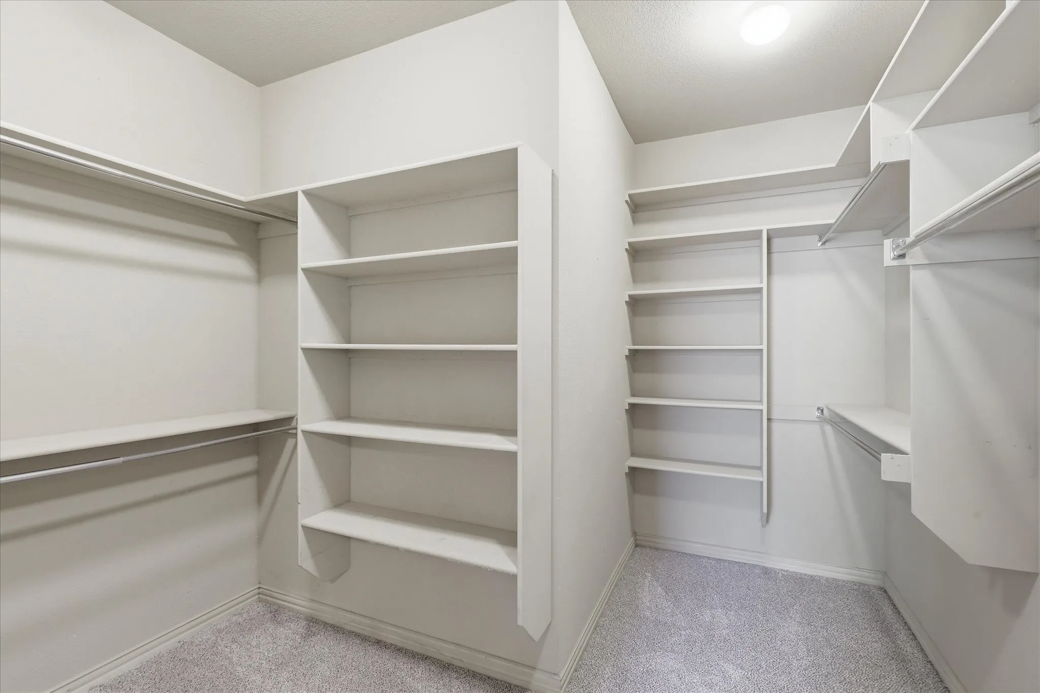 Walk-in closet featuring floor-to-ceiling custom shelving, multiple tiered storage racks, and neutral wall-to-wall carpeting