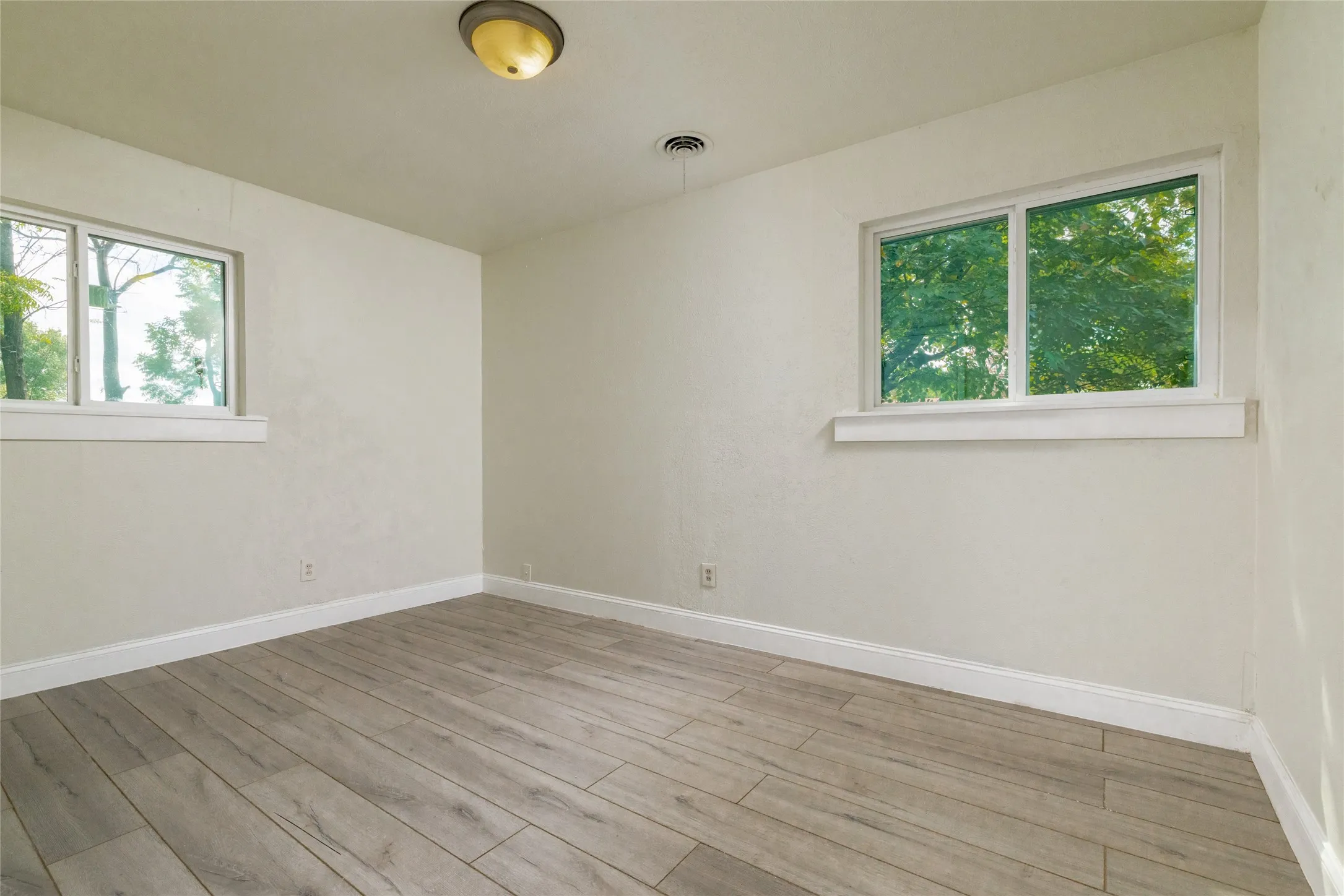 Neutral wall finishes, wood-finish flooring, two windows, and a flush-mount ceiling light fixture
