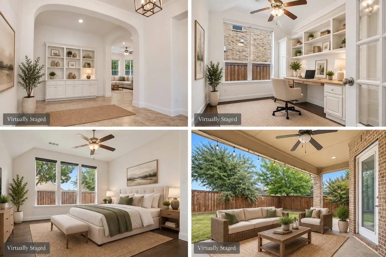 Real Estate Listing Photos. Depicting various virtually staged interior and exterior spaces of the property