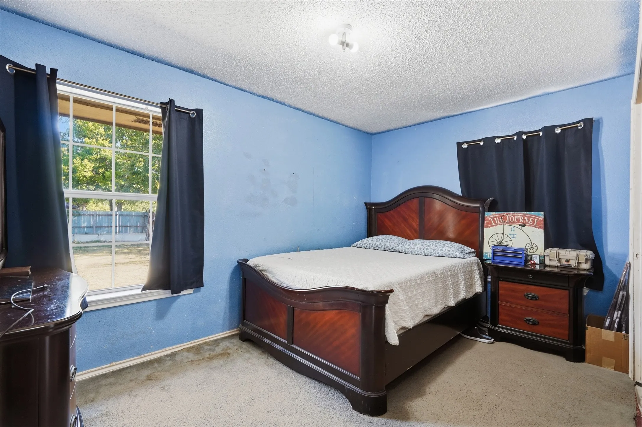 Carpeted flooring, window with exterior views, and a ceiling-mounted light fixture