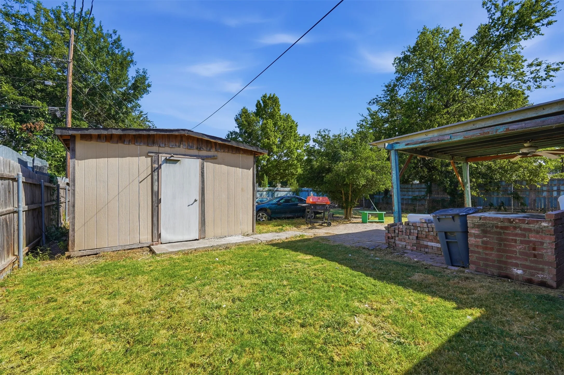 Detached storage shed with a concrete foundation