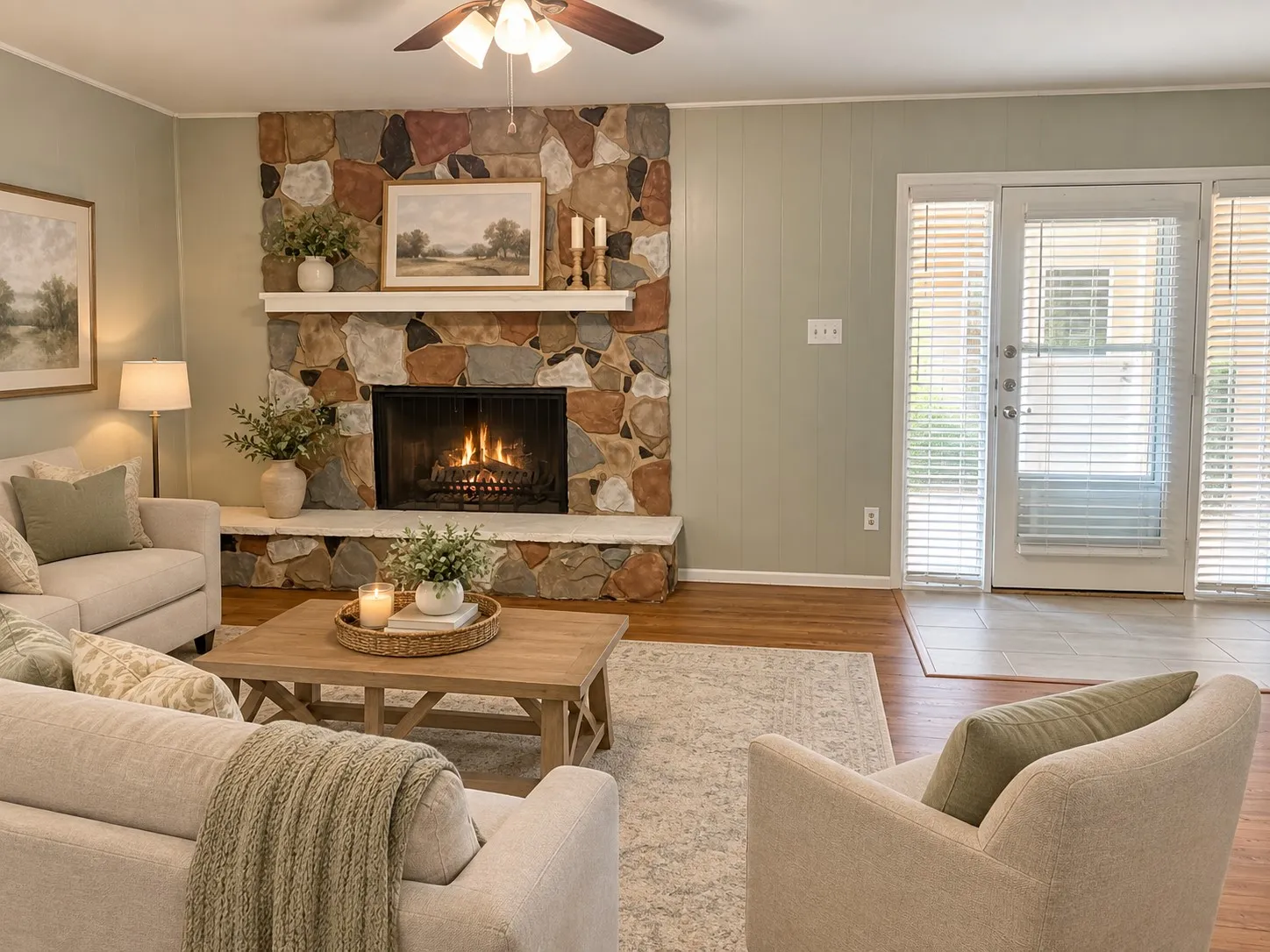 Stone-faced fireplace with hearth, wood-finish flooring, ceiling fan, and French doors