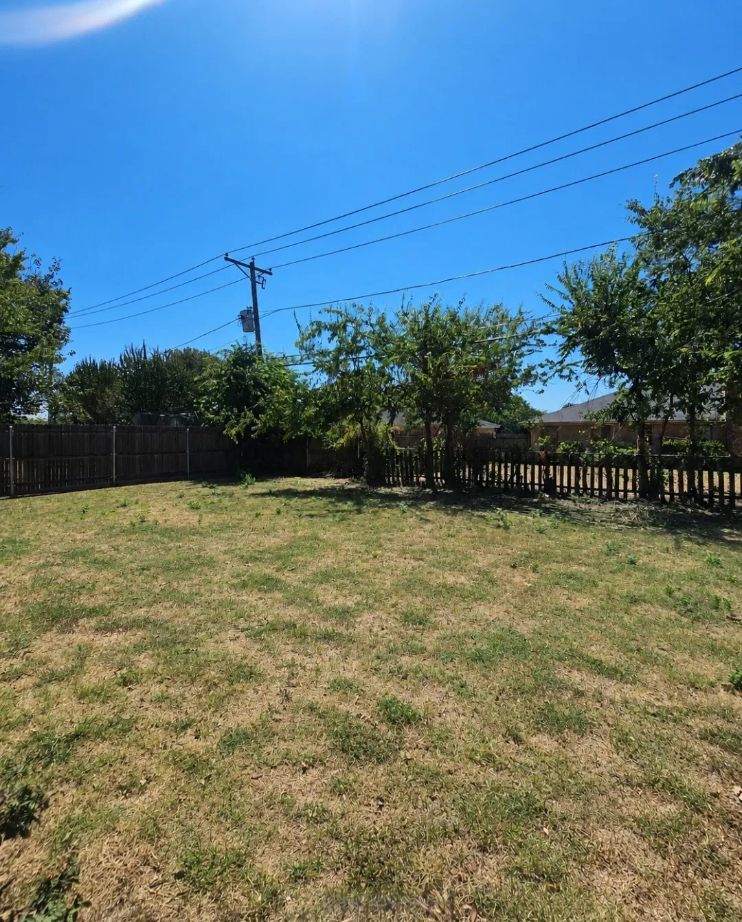 Expansive backyard featuring a wood privacy fence, mature trees, and a picket fence