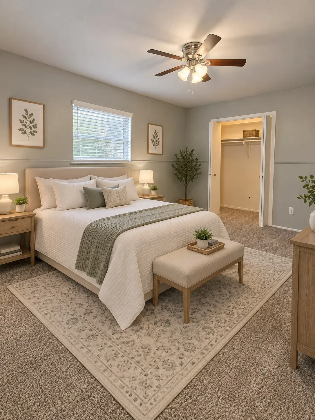 Carpeted flooring, window with blinds, ceiling fan with light fixture, built-in closet with bifold doors, and two-tone wall treatment