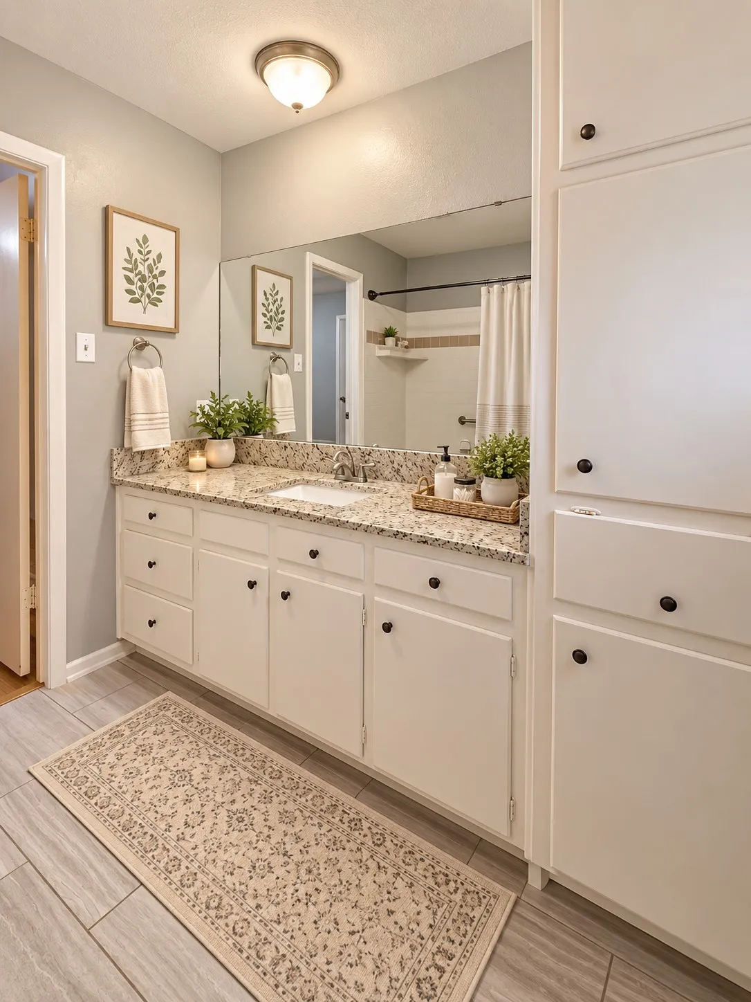 Vanity with integrated sink, stone countertop, white cabinetry with dark hardware, large wall mirror, and tile flooring