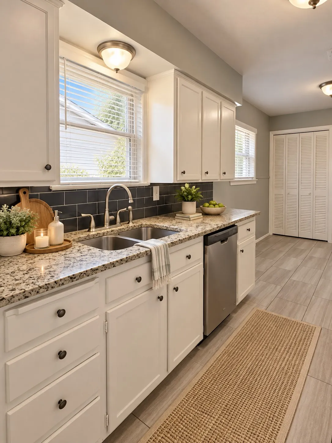 White cabinetry with dark hardware, stone-finish countertops, stainless steel undermount double sink, and a dark tile backsplash