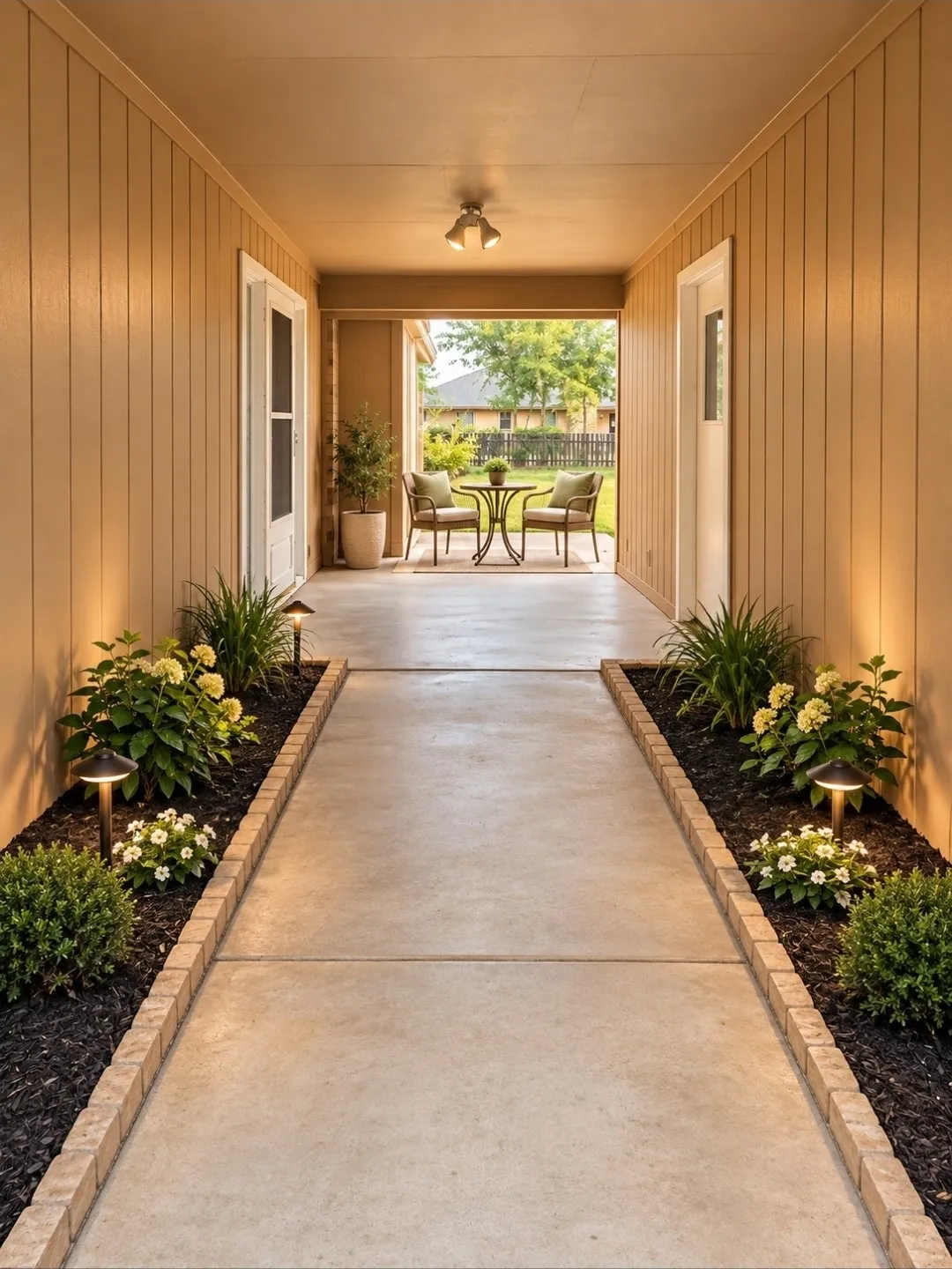Covered patio with integrated ceiling lighting