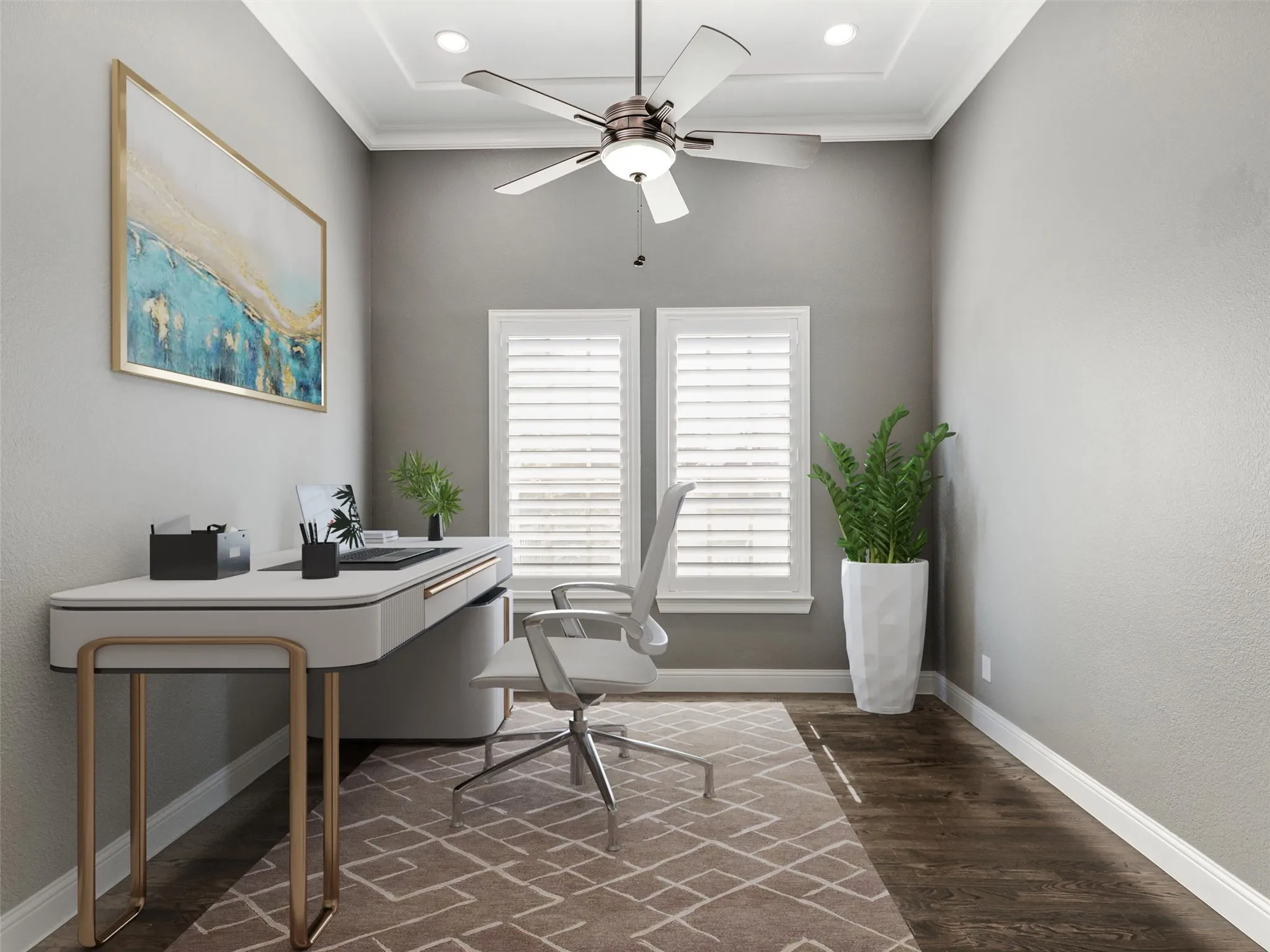 VIRTUALLY STAGED. The private office also features plantation shutters and updated accent paint, providing a polished setting for working from home or managing daily business.