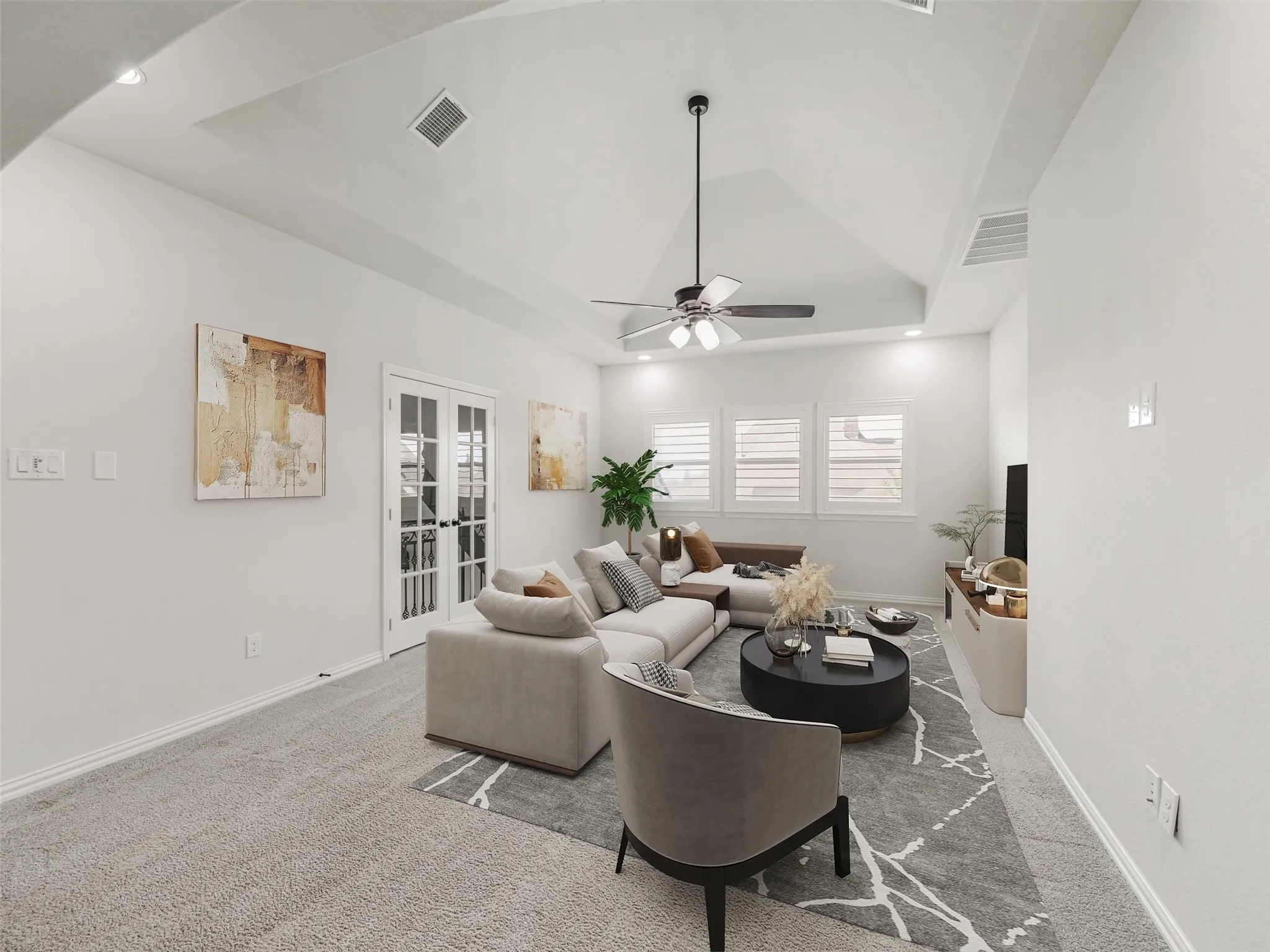 The home's entertainment spaces continue with a dedicated media room featuring sconce lighting and a substantial 6-by-4-foot wet bar. Whether hosting movie nights, sporting events, or gatherings with friends, this flexible space provides another destination for entertaining without leaving home. VIRTUALLY STAGED.
