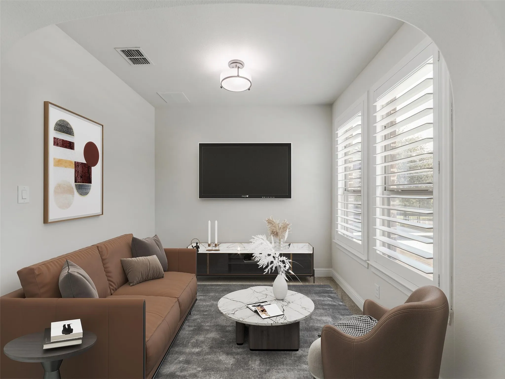 The primary suite offers a spacious private retreat with an approximately 8-by-9-foot sitting area that can be used for reading, relaxing, or creating a quiet morning lounge.  VIRTUALLY STAGED.