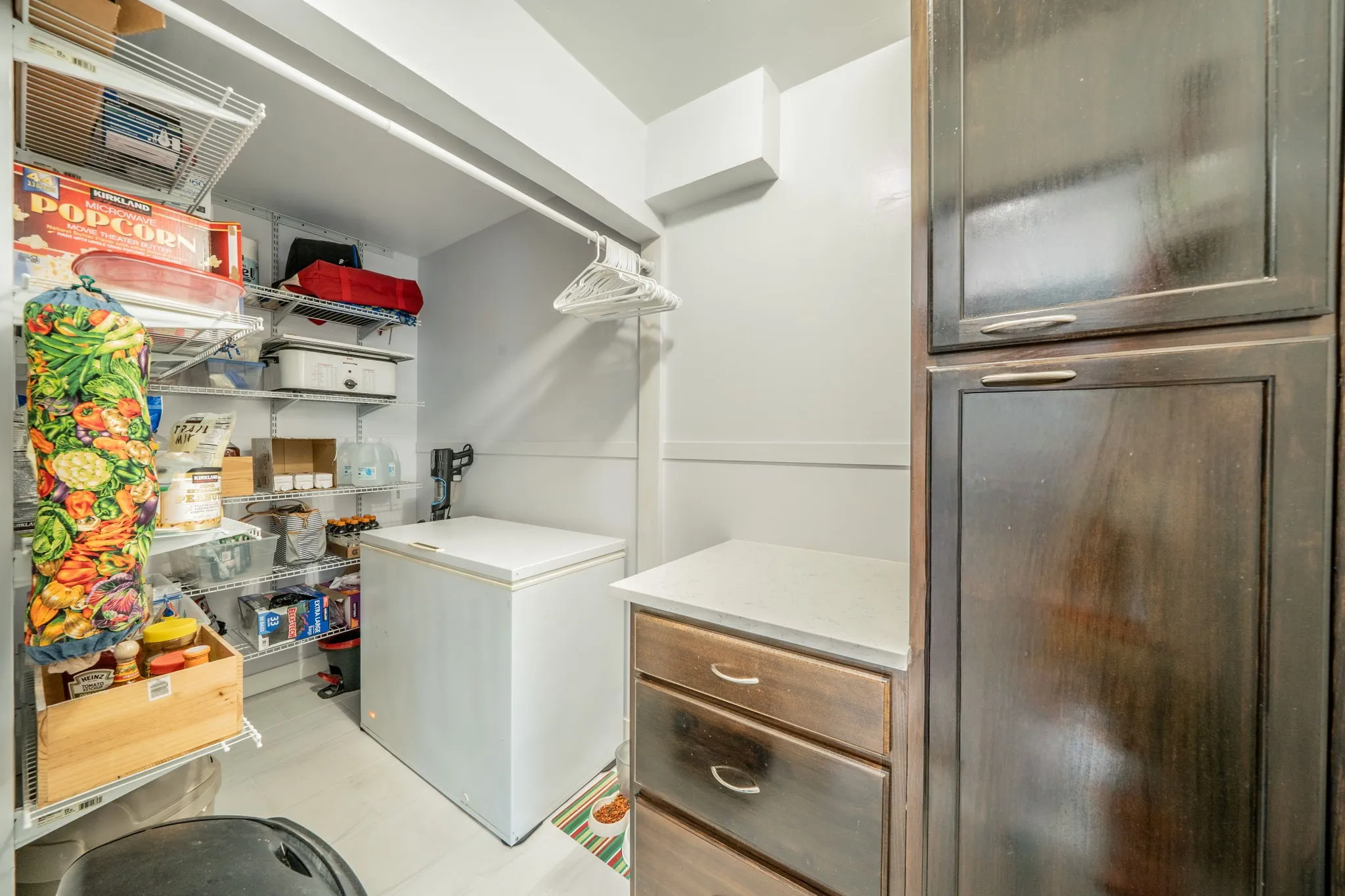 Built-in  cabinetry with silver hardware, white countertop space, and white wall paneling butler's pantry