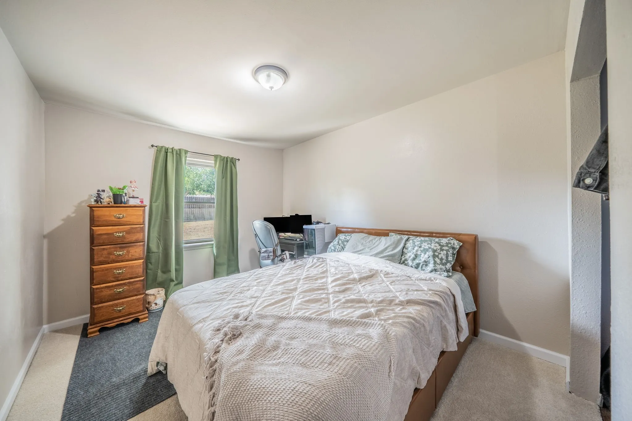 Neutral wall paint, ceiling-mounted light fixture, window with privacy blinds, and carpeted flooring