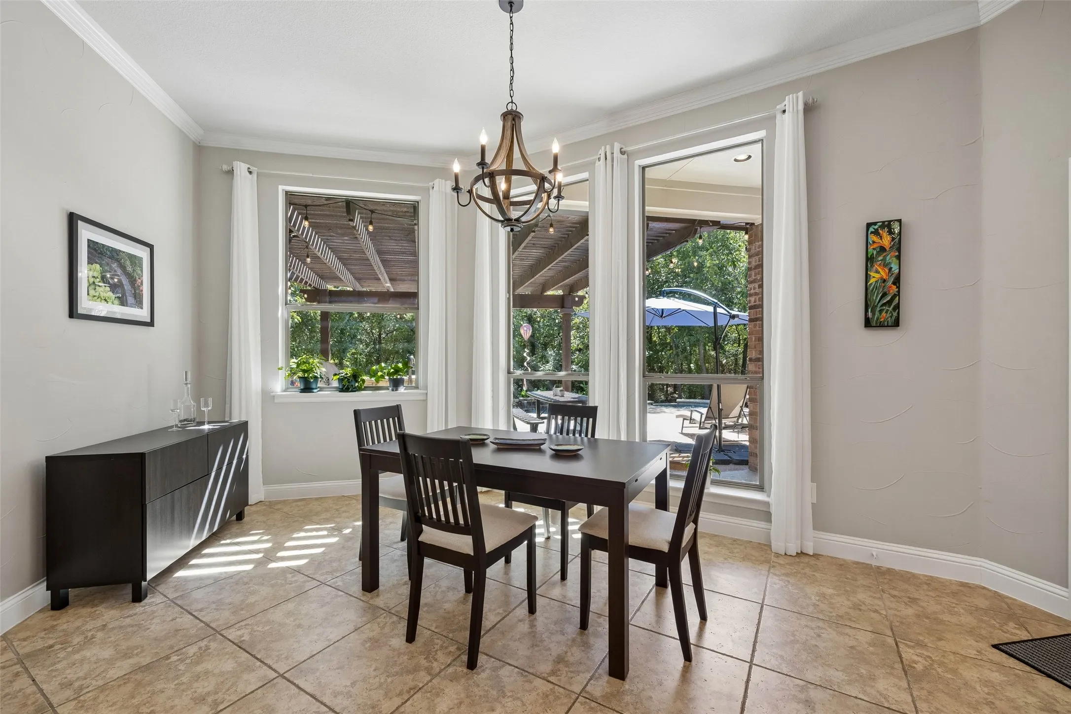 Eating area overlooking the backyard oasis