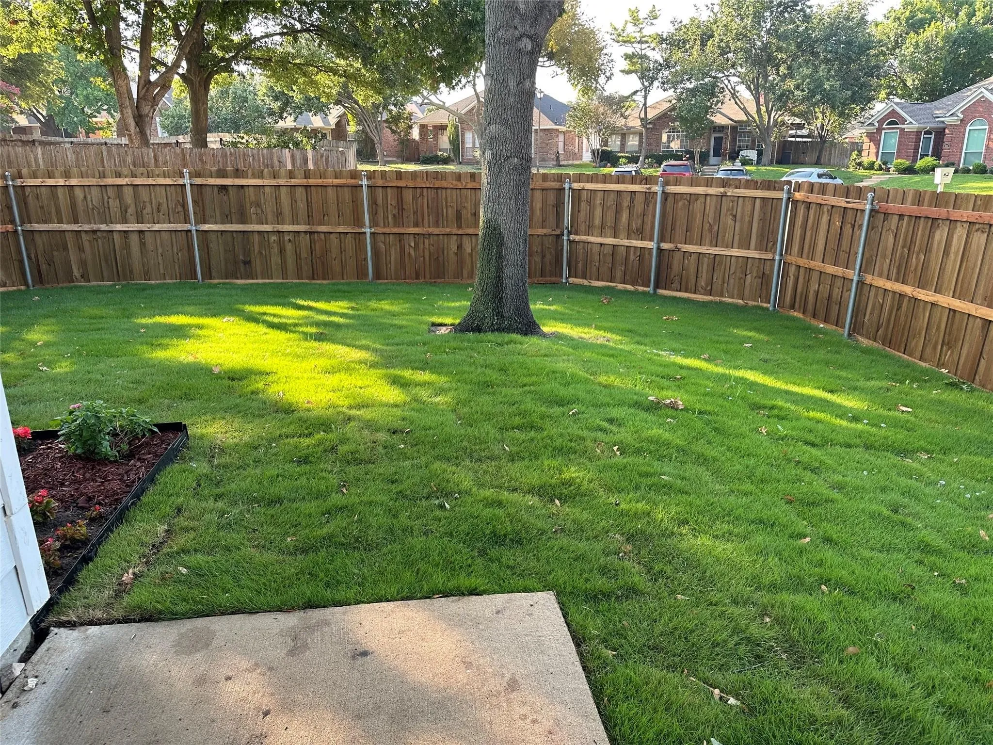 Expansive backyard with a wooden fence, mature tree, and concrete patio