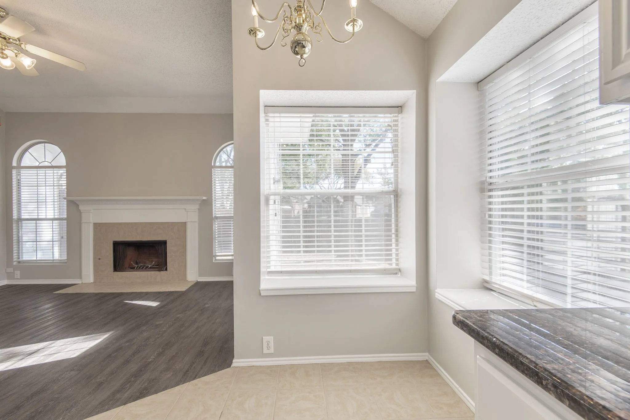 Living space featuring a fireplace with a stone surround and mantle, wood-finish flooring, and arched windows