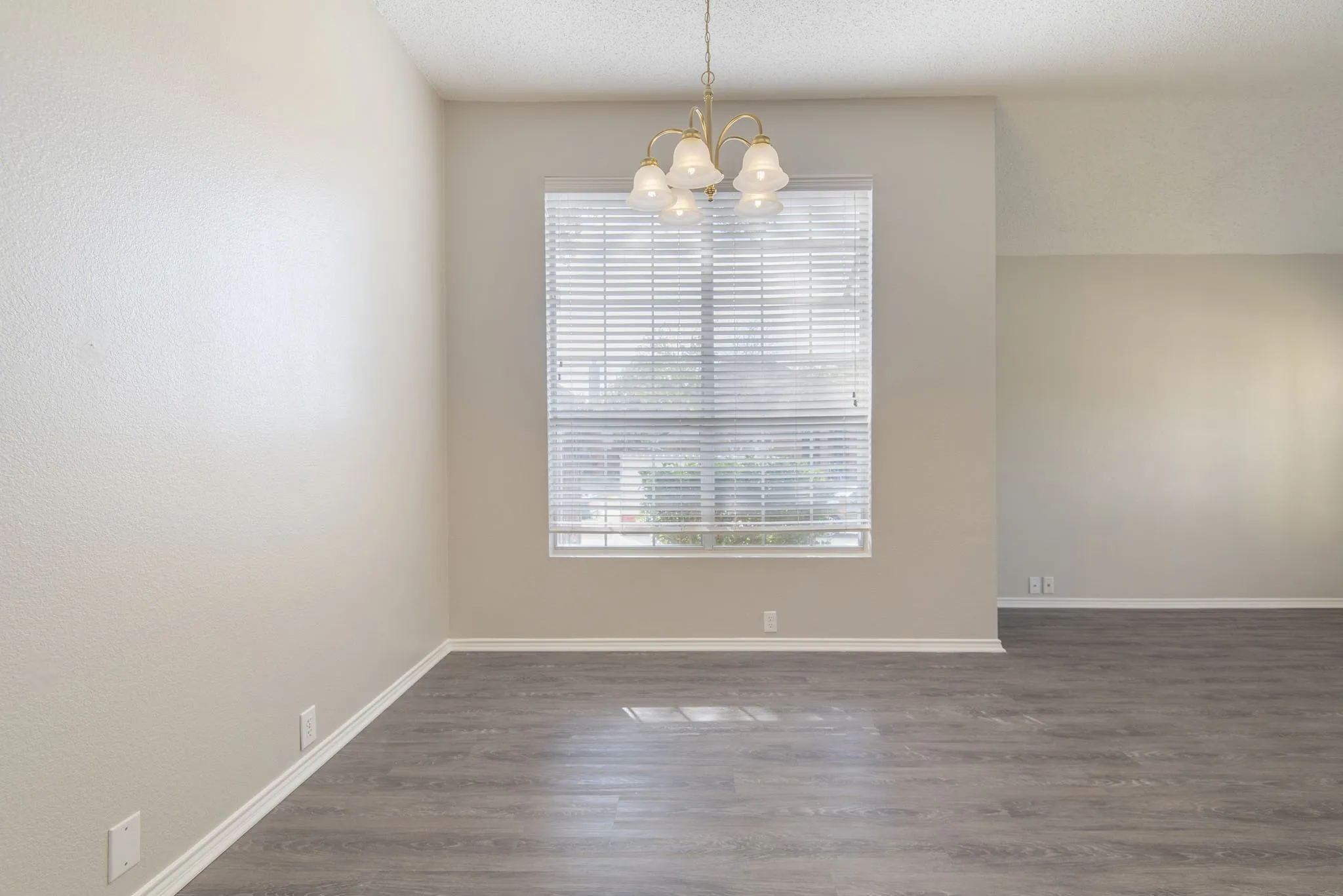 Wood-finish flooring, central window with blinds, and an overhead chandelier light fixture