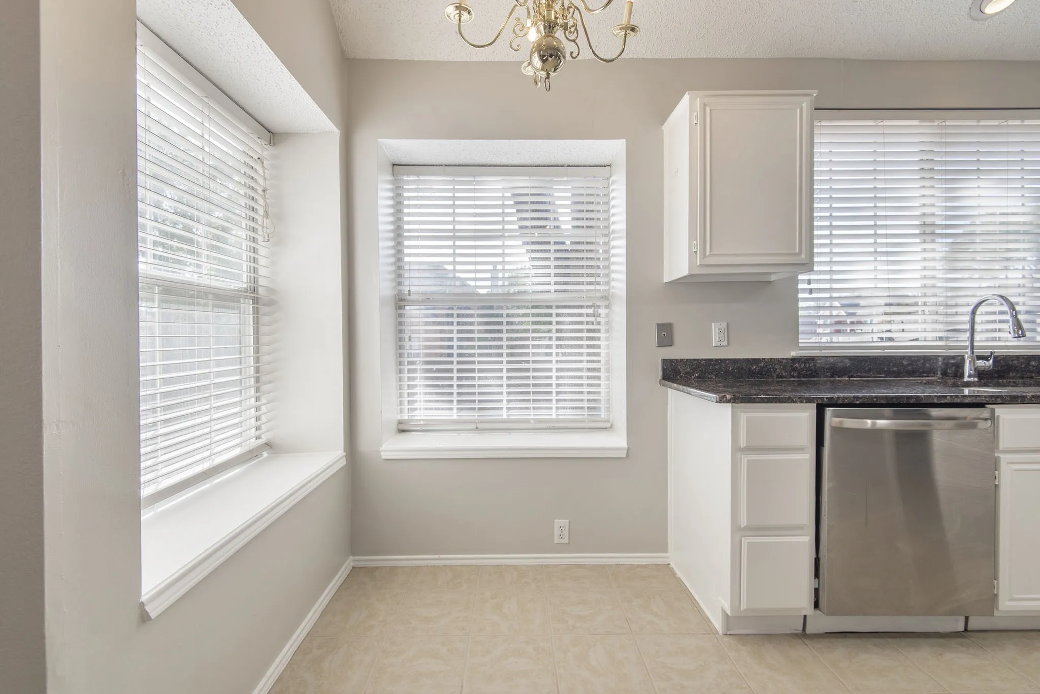 White cabinetry with dark countertops, stainless steel dishwasher, and a polished chrome faucet