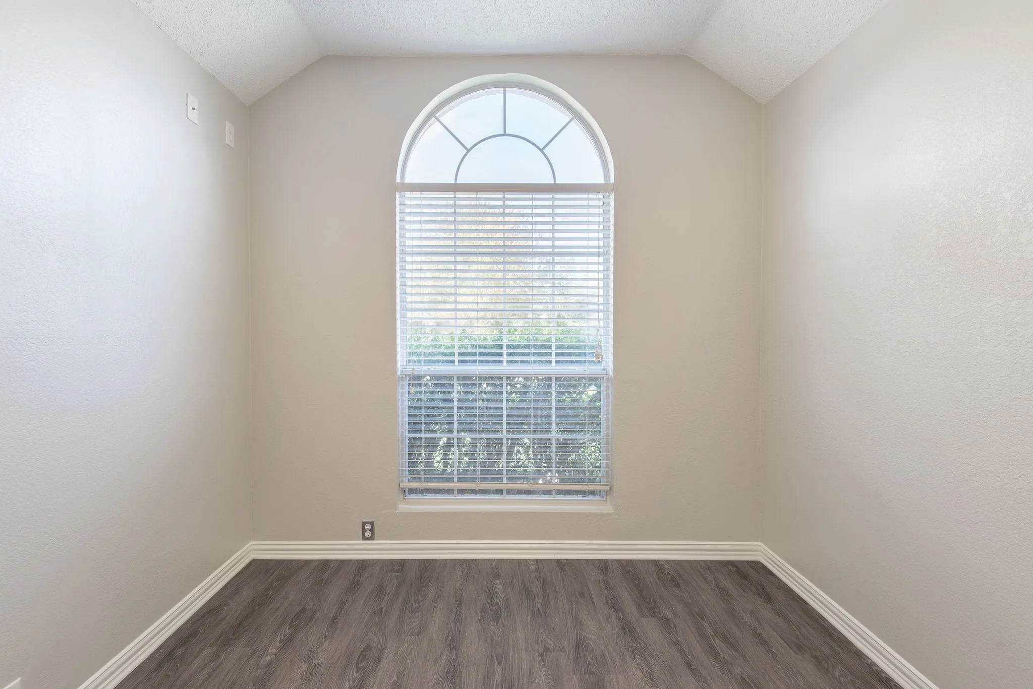 Arch-top window with blinds, vaulted ceiling, wood-finish flooring, and light-toned walls